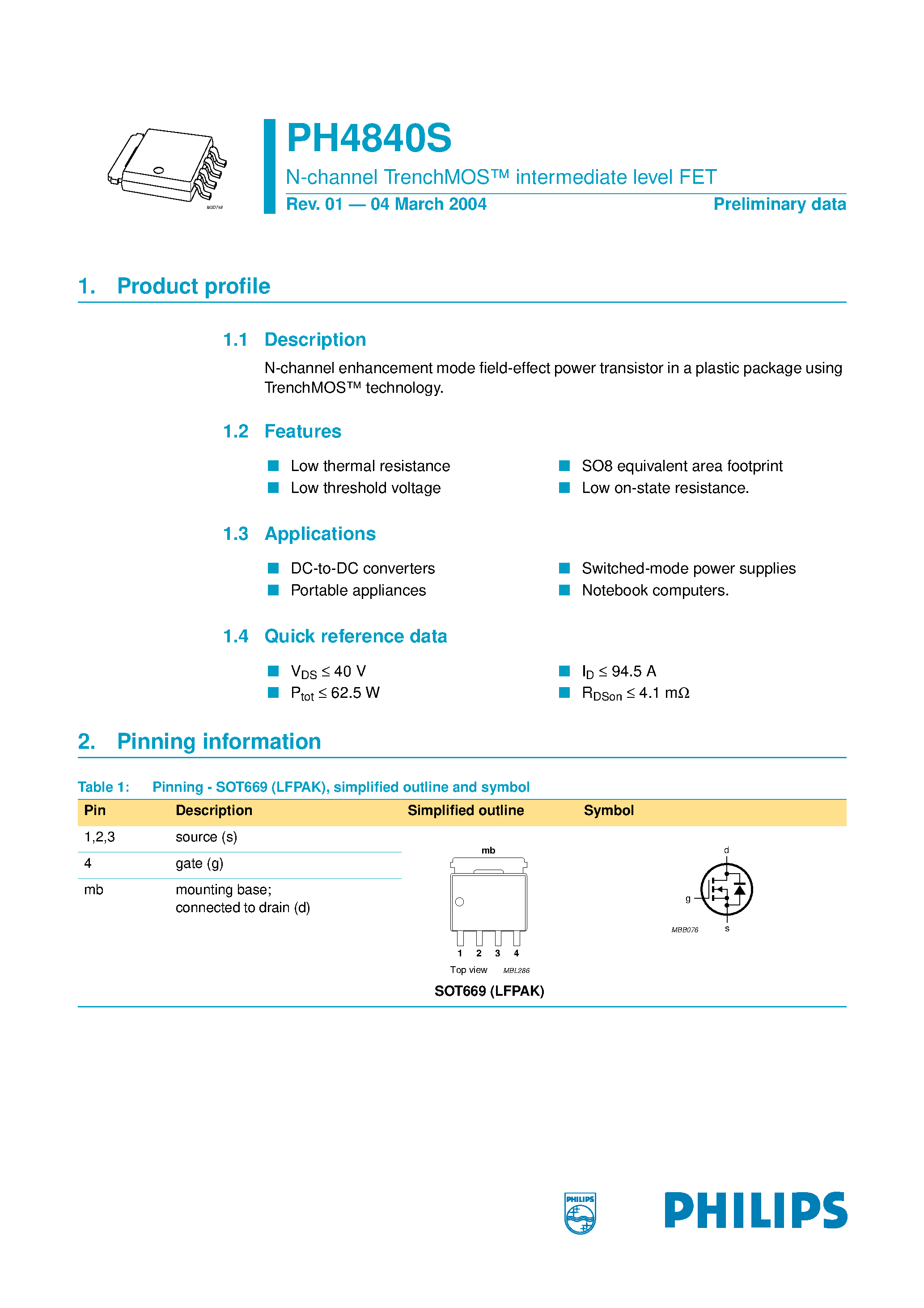 Datasheet PH4840S - N-channel TrenchMOS intermediate level FET page 1