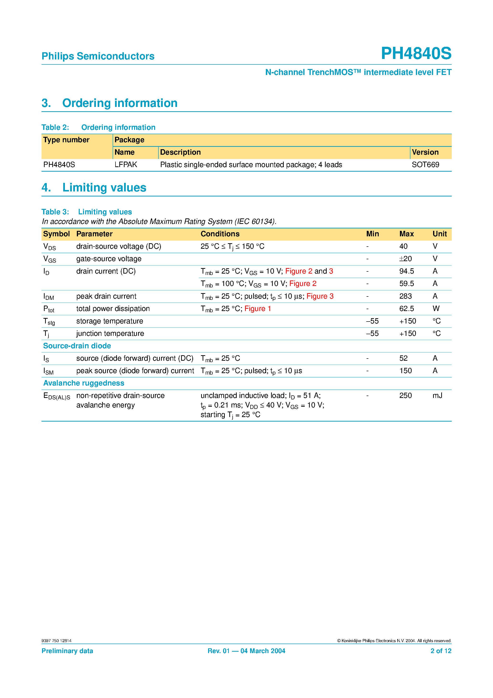 Datasheet PH4840S - N-channel TrenchMOS intermediate level FET page 2