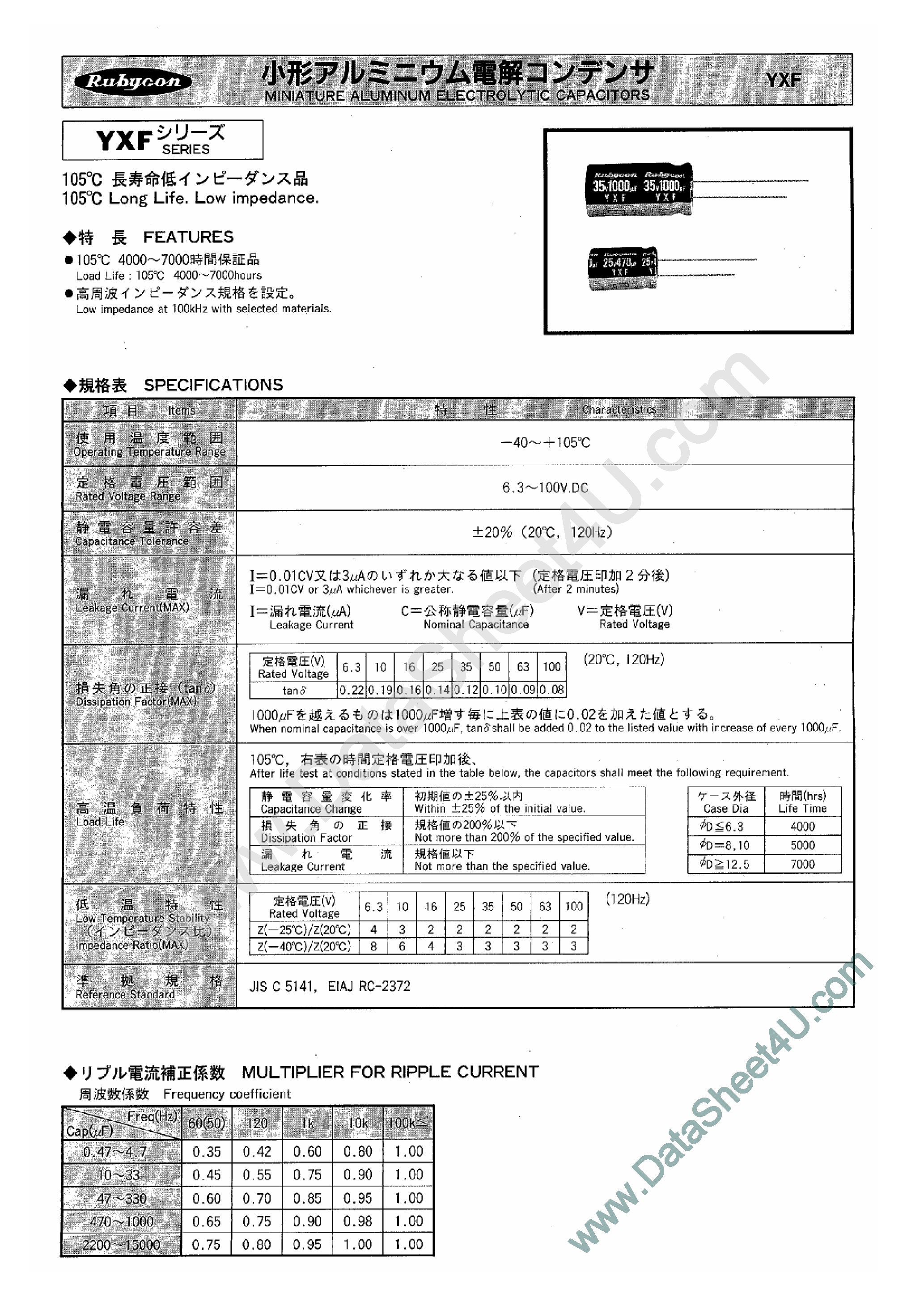 Datasheet 10YXF2200Mxx - (YXF Series) Miniature Aluminum Electrolytic Capacitors page 1
