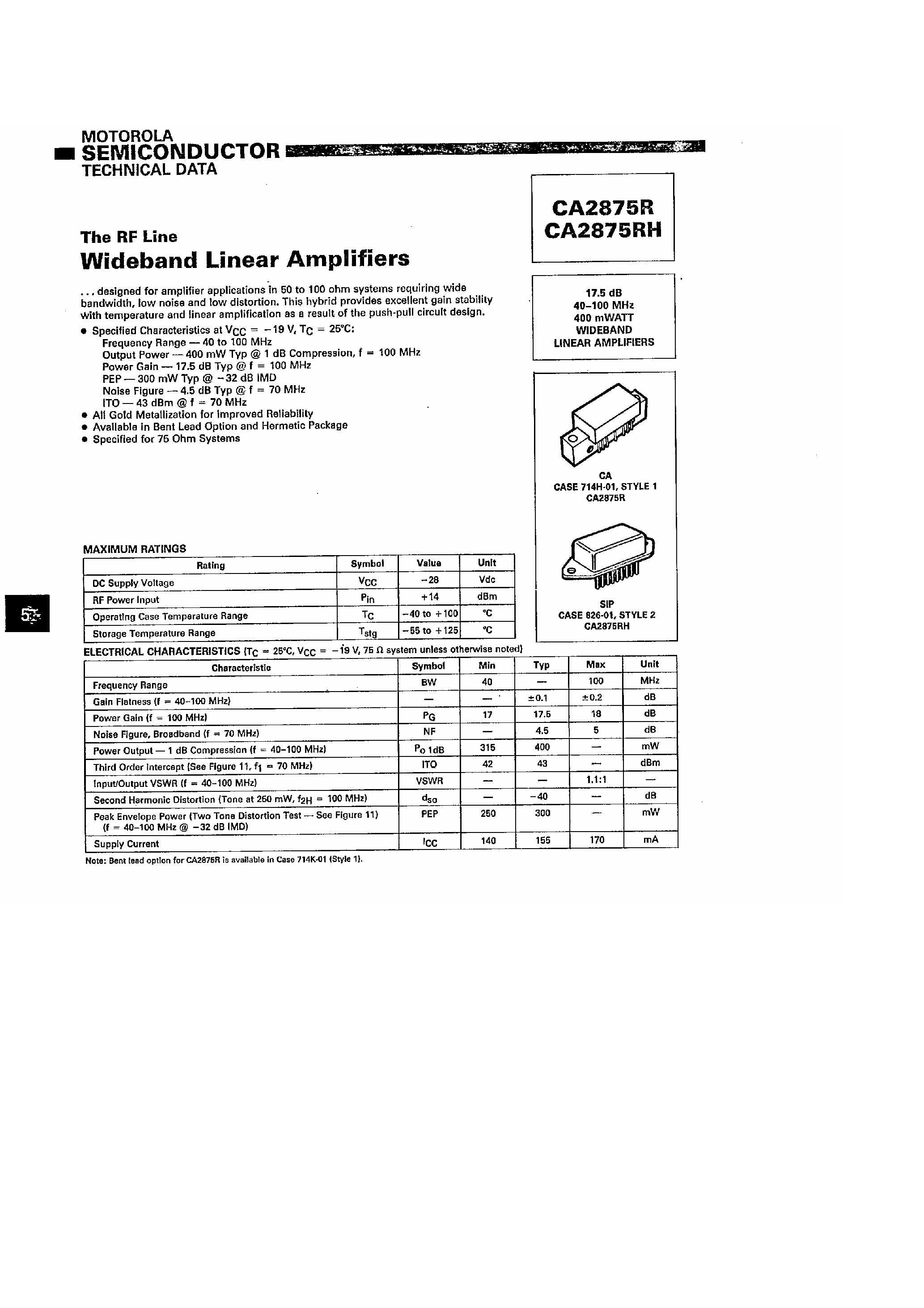 Даташит CA2875R - RF Line / Wideband Liner Amplifier страница 1