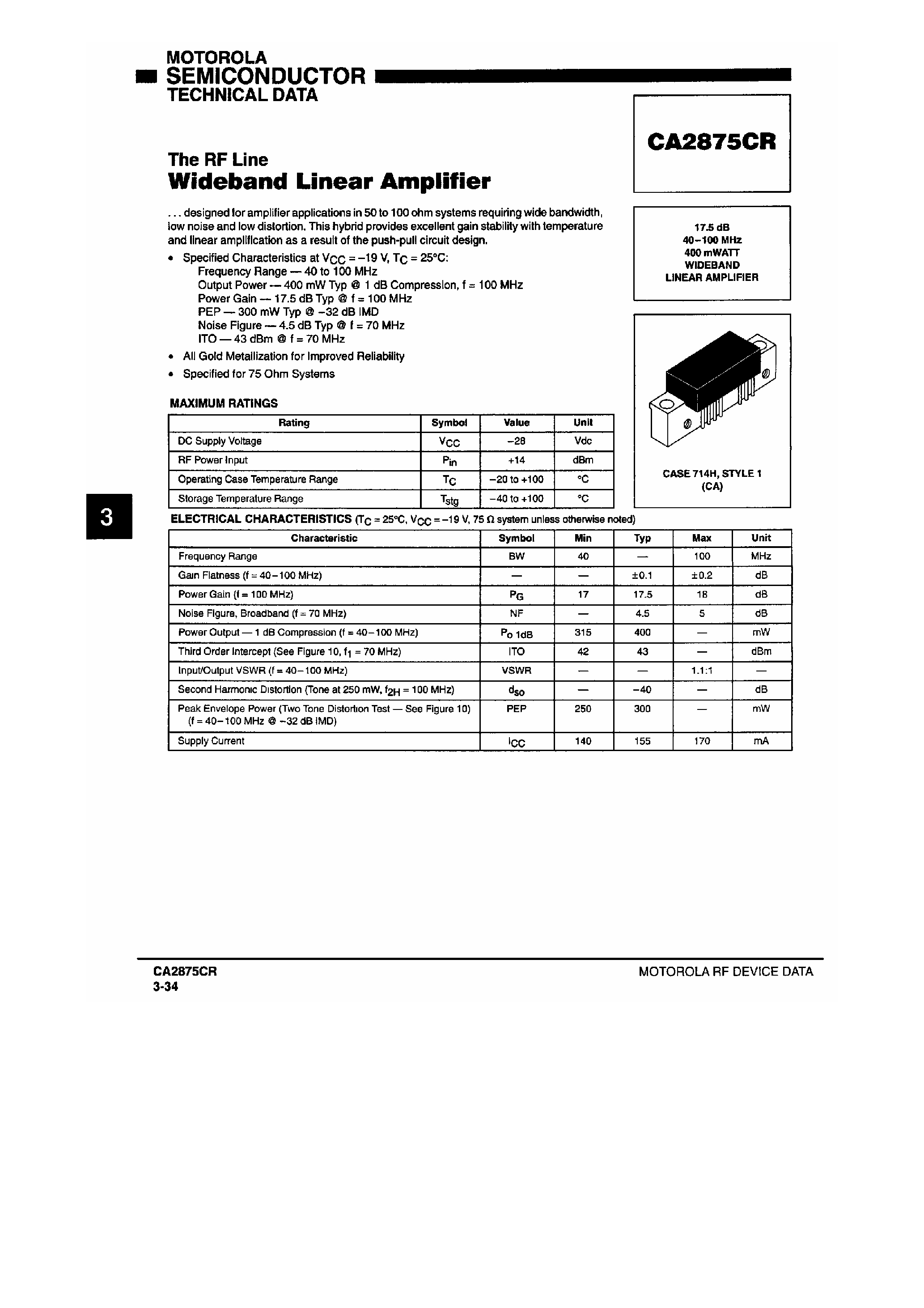 Даташит CA2875CR - RF Line / Wideband Liner Amplifier страница 1