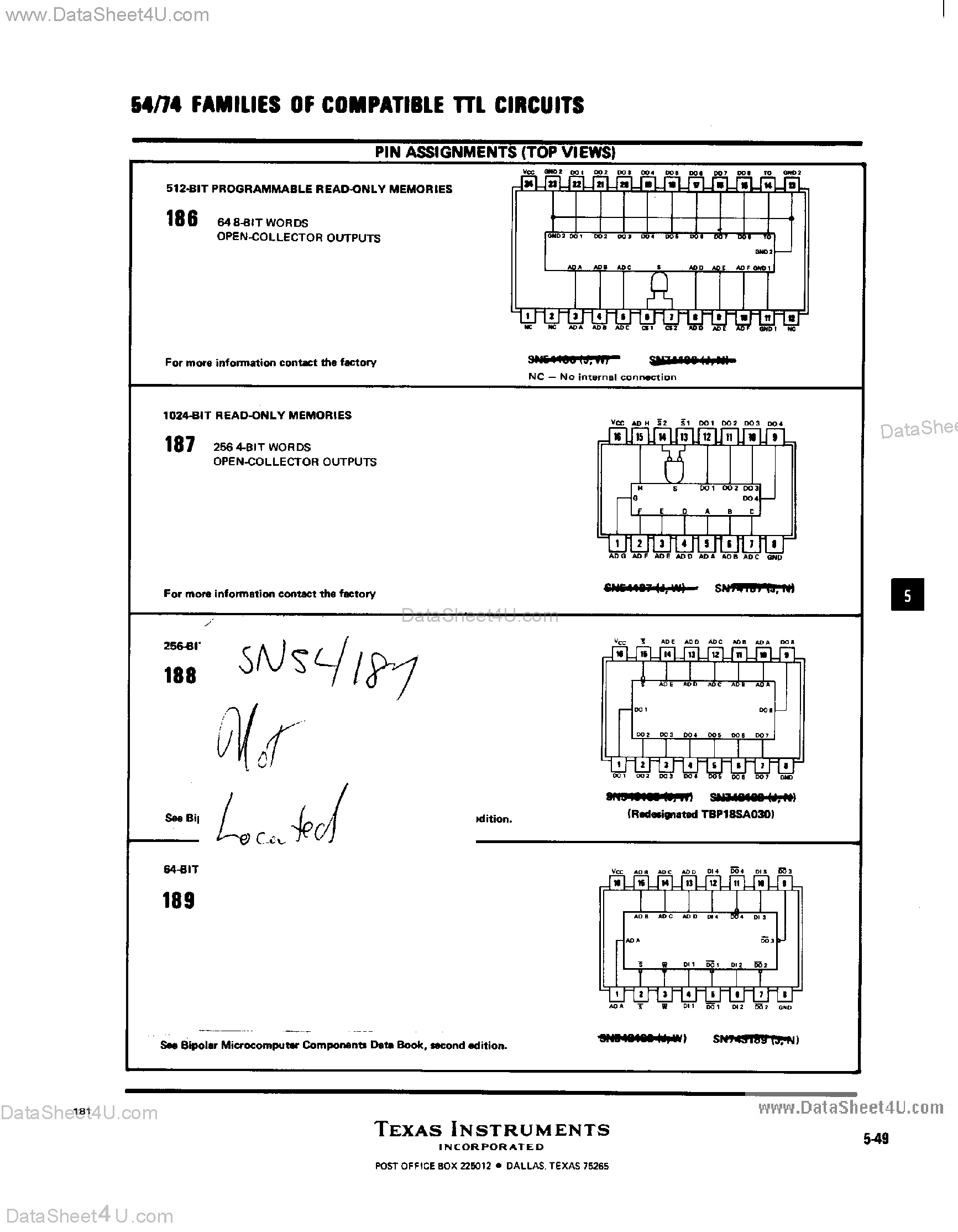 Datasheet SN74188 page 1 Datasheet SN74188 - Families of Compatible TTL Circuits page 1