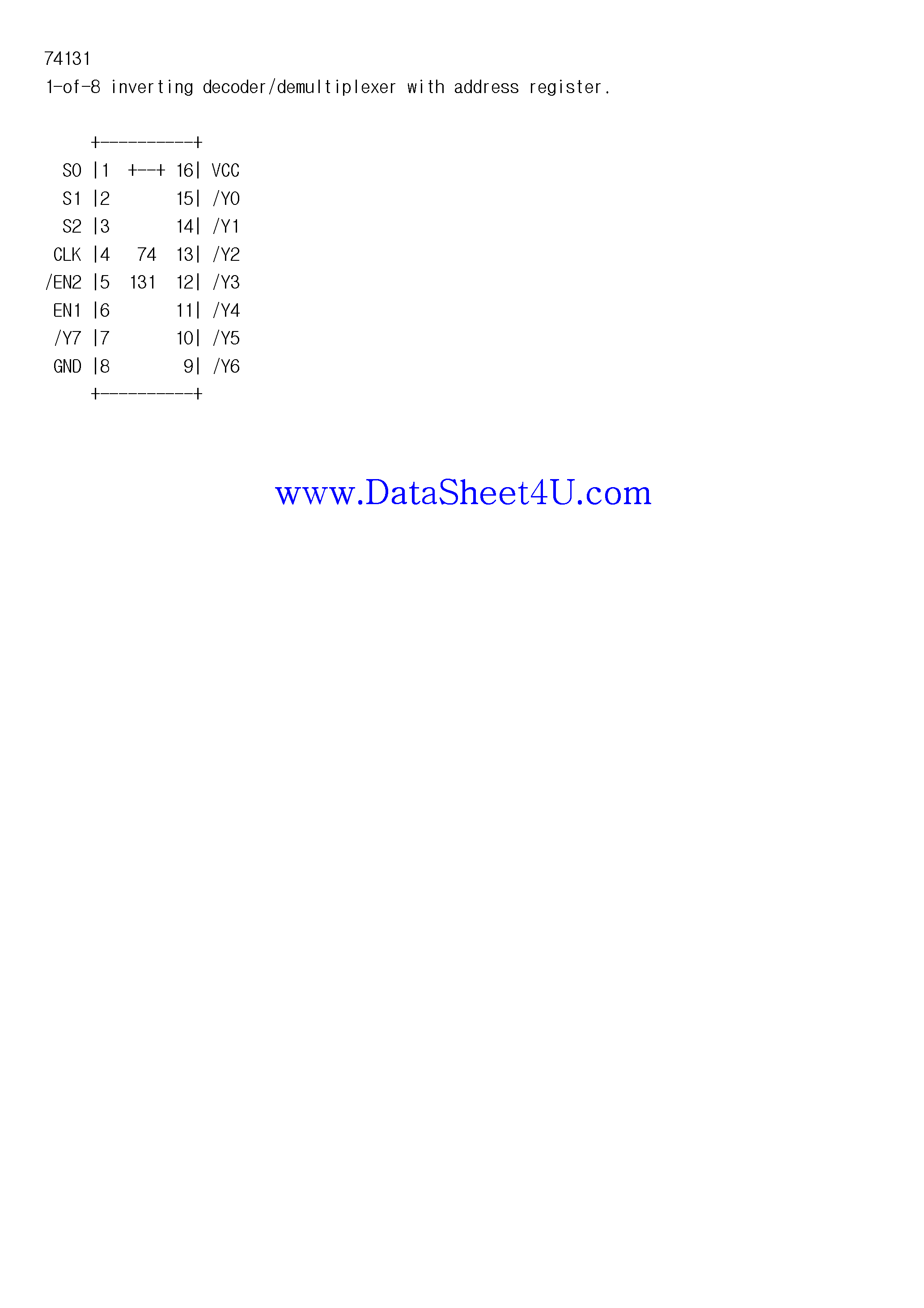 Datasheet 74131 page 1 Datasheet 74131 - 1-of-8 inverting decoder/demultiplexer with address register page 1