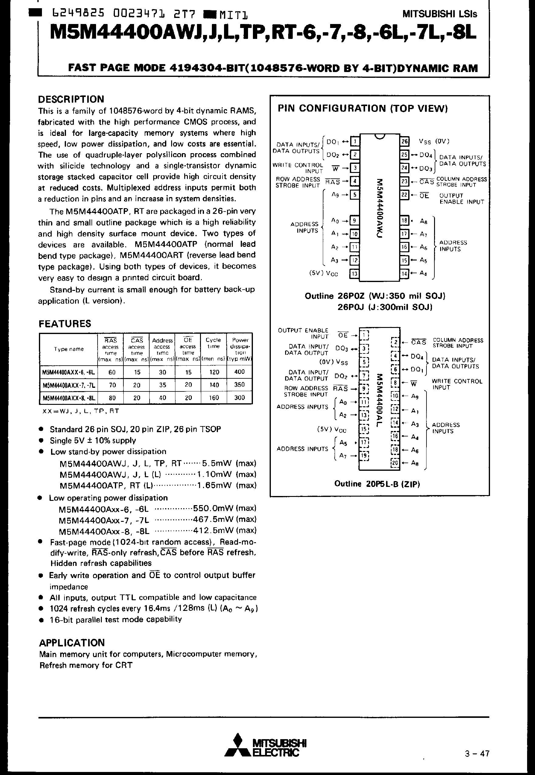 Datasheet M5M44400AWJ page 1 Datasheet M5M44400AWJ - (J/L/TP/RT) Fast Page Mode 4MBit DRAM page 1