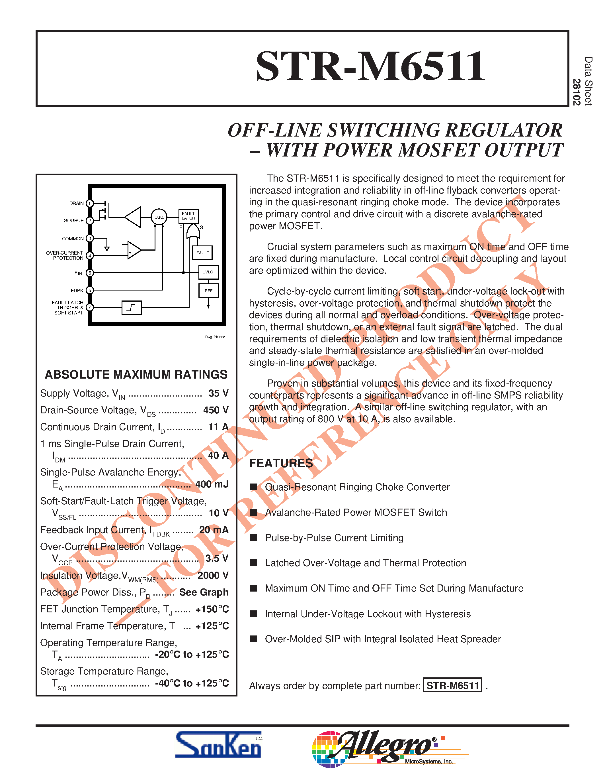 Datasheet STR-M6511 page 1 Datasheet STR-M6511 - OFF-LINE SWITCHING REGULATOR page 1