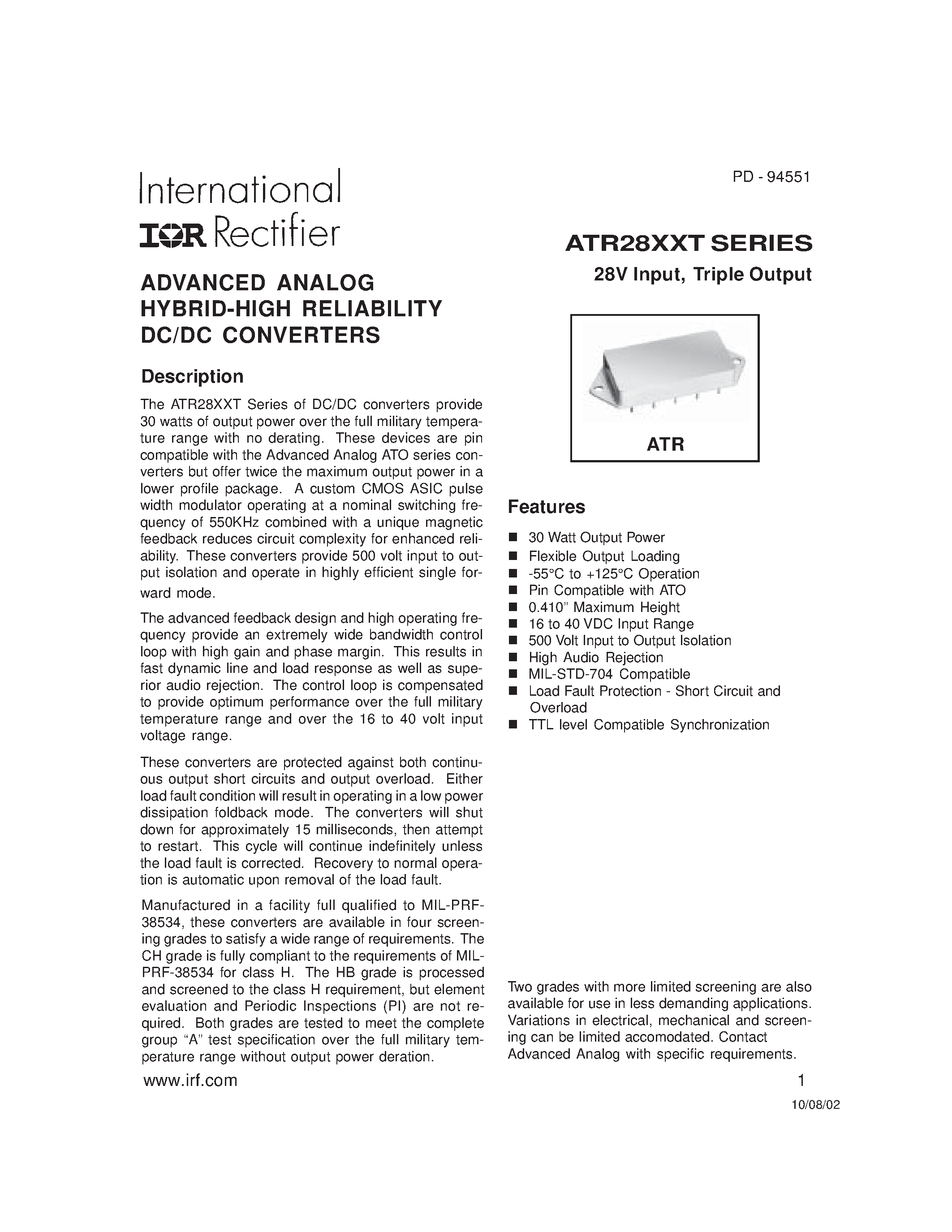 Datasheet ATR2815 - (ATR28xxT Series) ADVANCED ANALOG HYBRID-HIGH RELIABILITY DC/DC CONVERTERS page 1