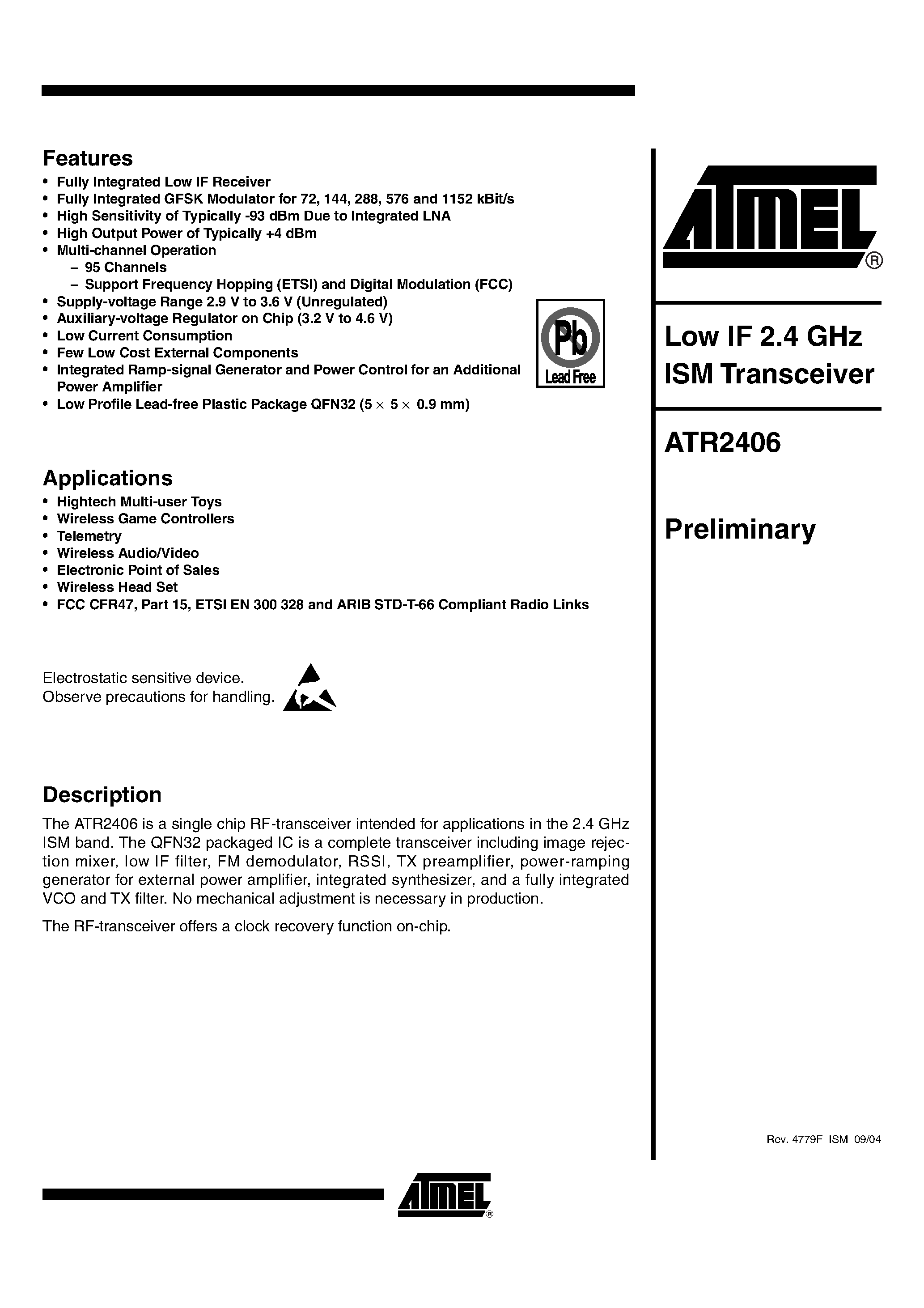 Datasheet ATR2406 - LOW IF 4 GHZ ISM TRANSCEIVER page 1
