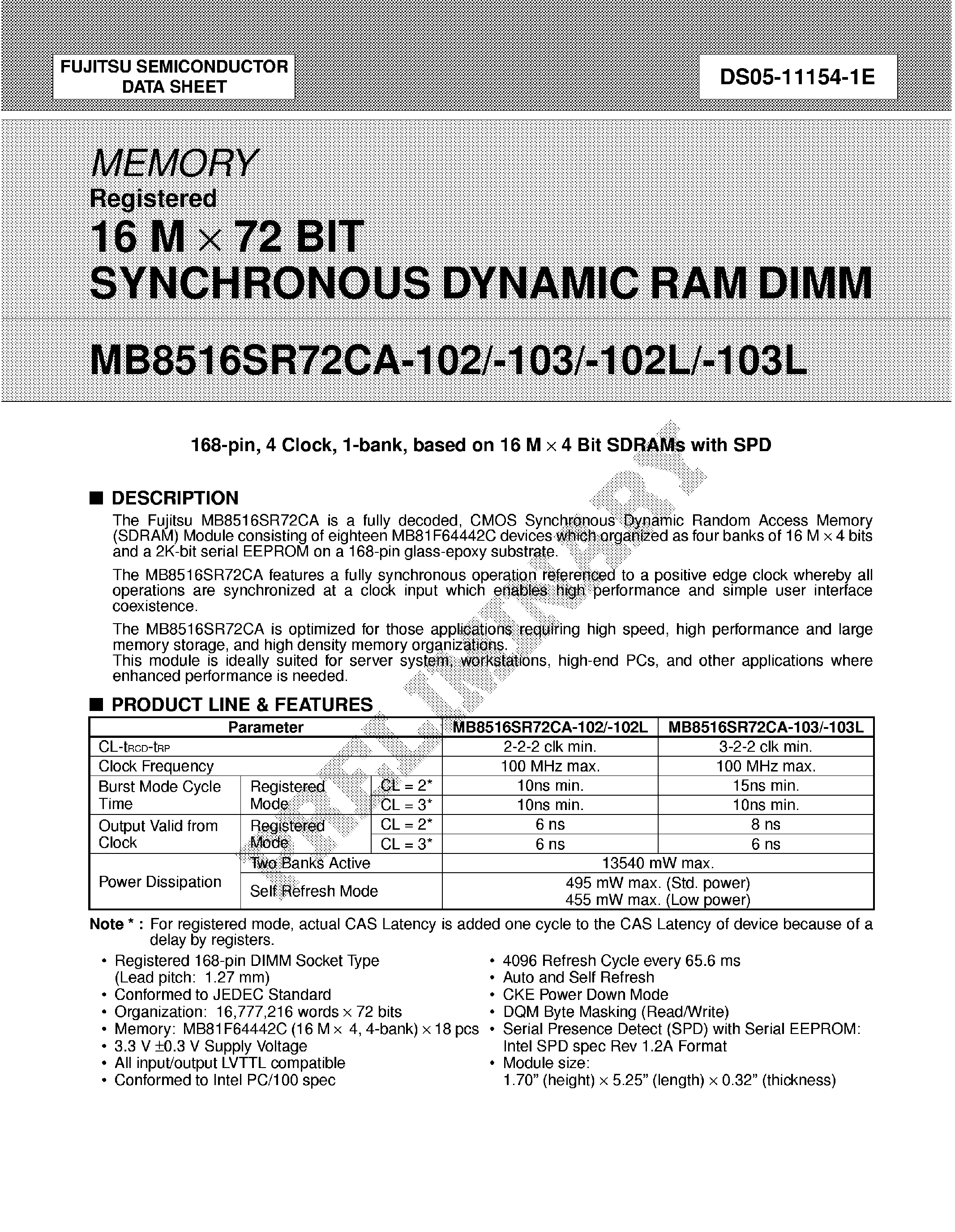 Datasheet MB8516SR72CA - 16M x 72Bit Synchronous DRAM DIMM page 1