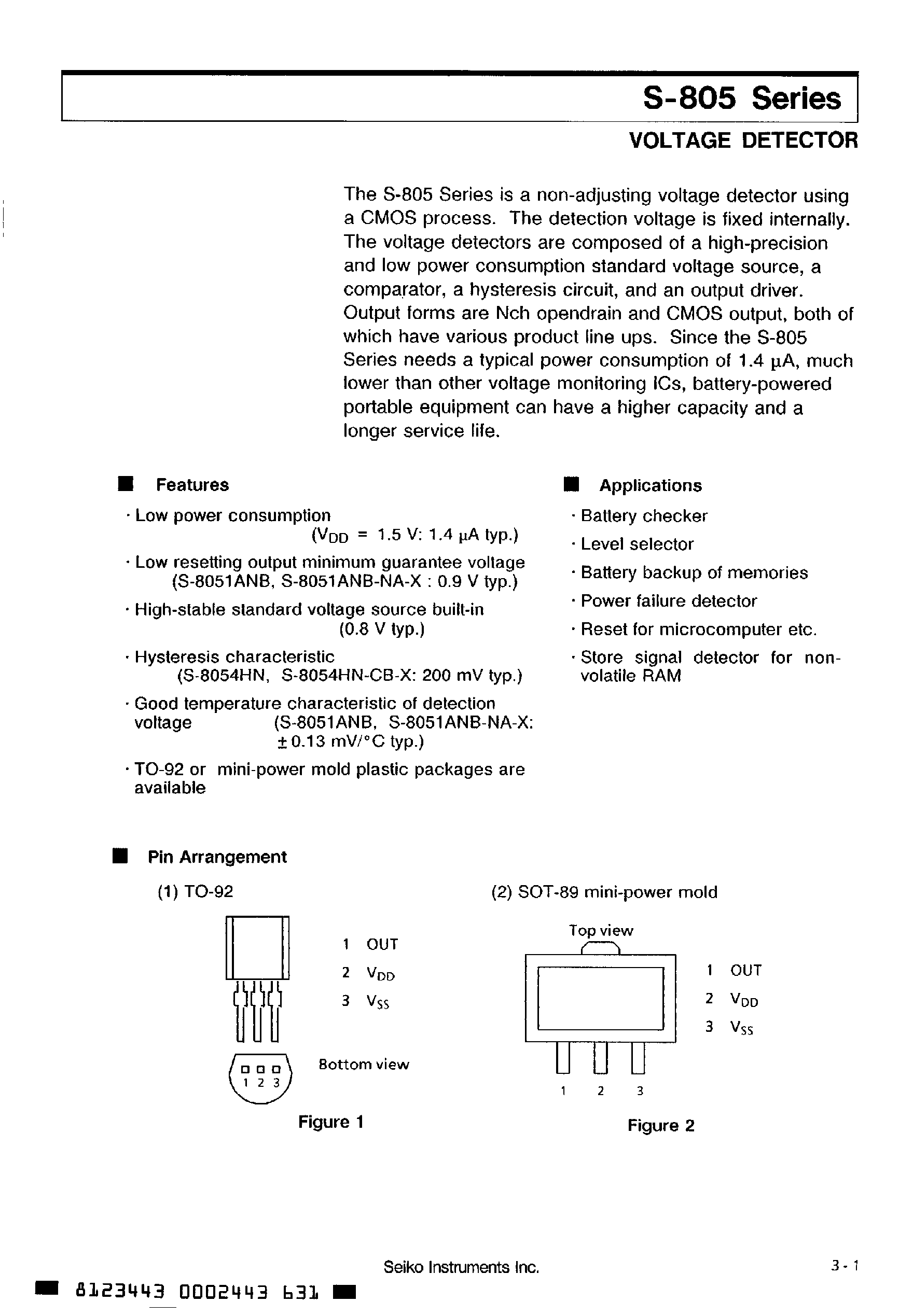 Datasheet S8054 - (S-805 Series) Voltage Detector page 1