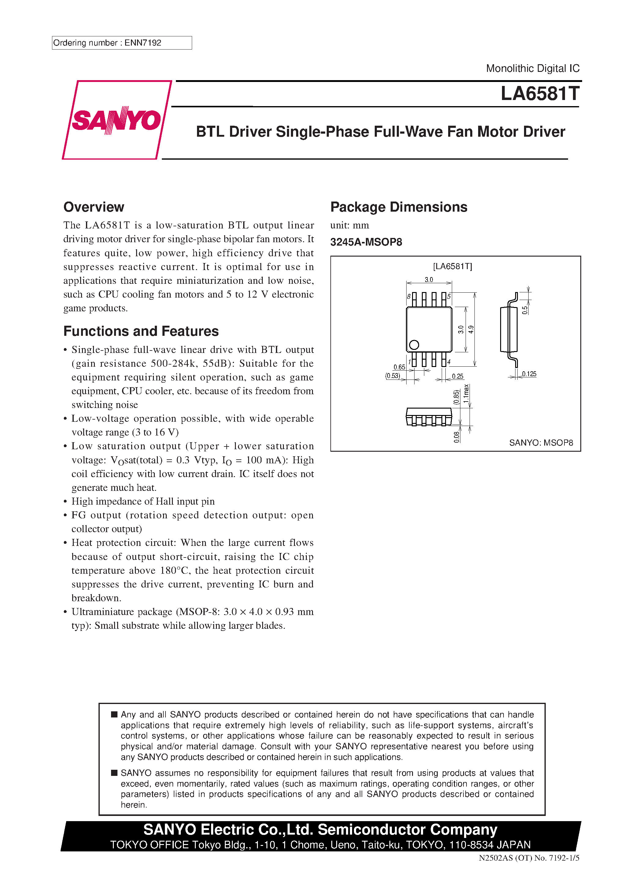 Datasheet LA6581T page 1 Datasheet LA6581T - BTL Driver Single-Phase Full-Wave Fan Motor Driver page 1