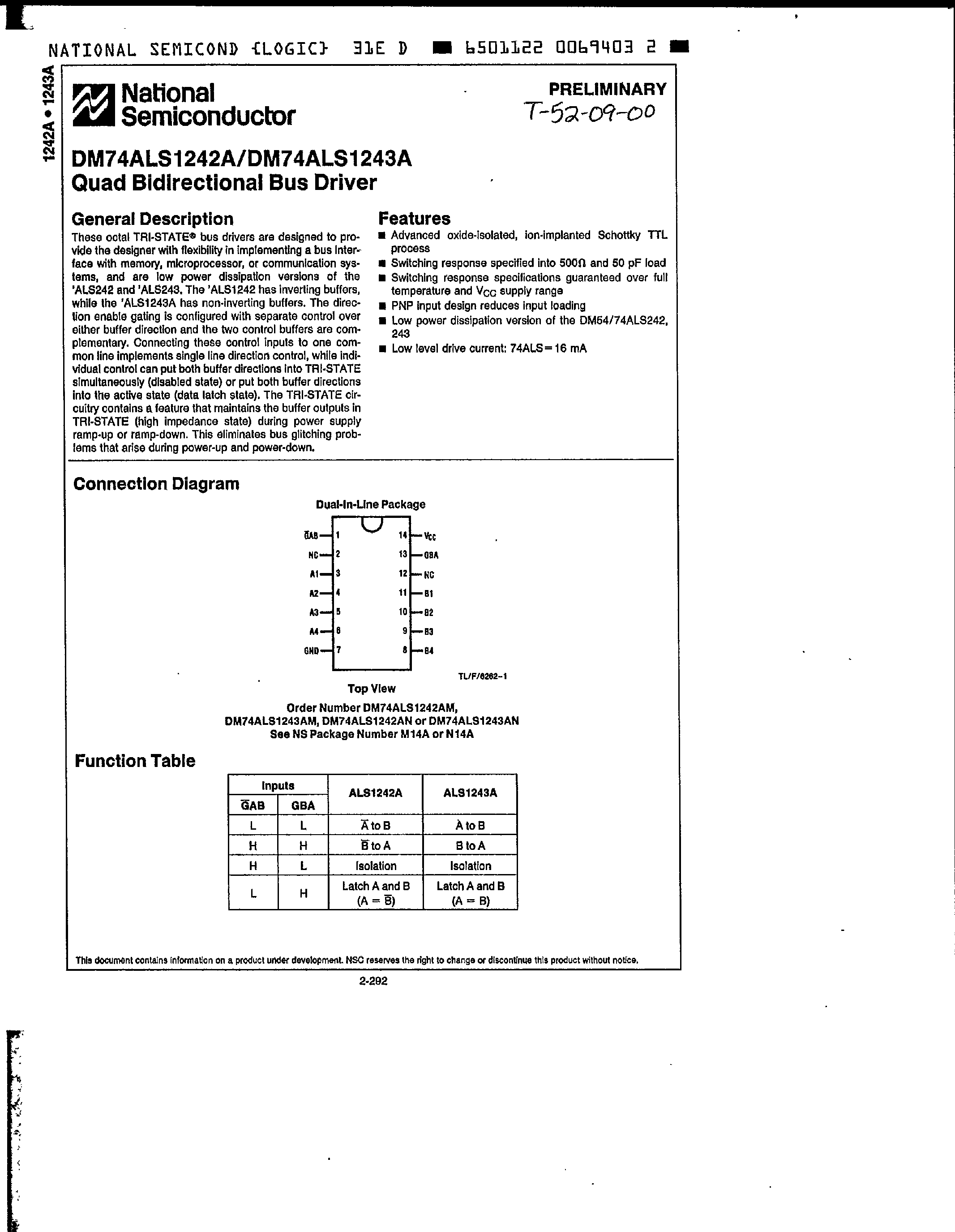 Datasheet DM74ALS1242A page 1 Datasheet DM74ALS1242A - Quad Bidirectional Bus Driver page 1