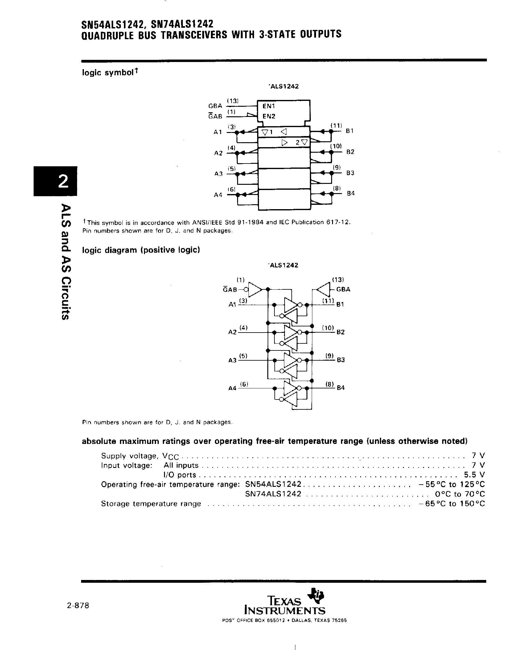 Datasheet SN74ALS1242 page 2 Datasheet SN74ALS1242 - Quadruple Bus Transceivers with 3 State Outputs page 2