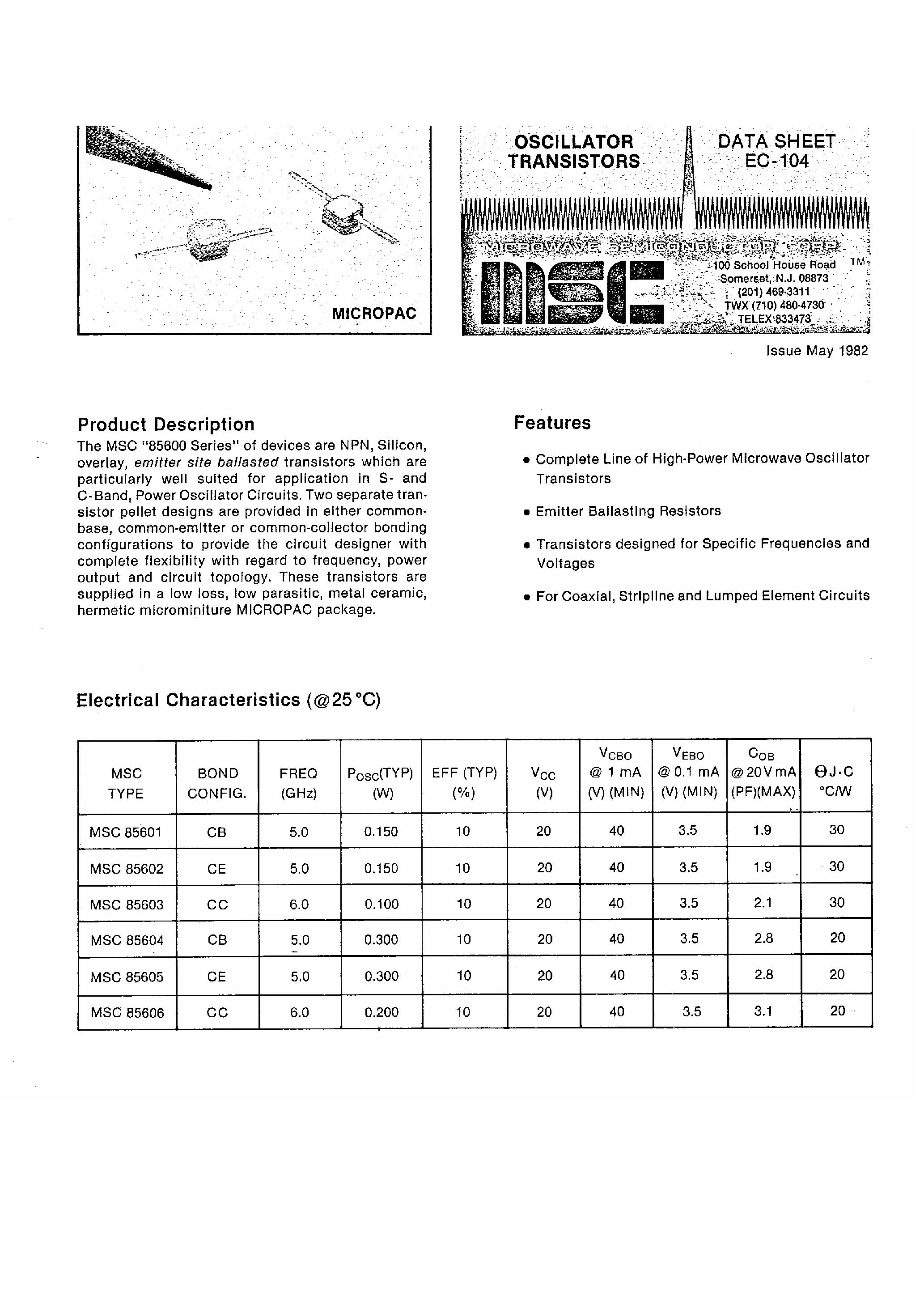 Datasheet MSC8560x - Oscillator Transistors page 1
