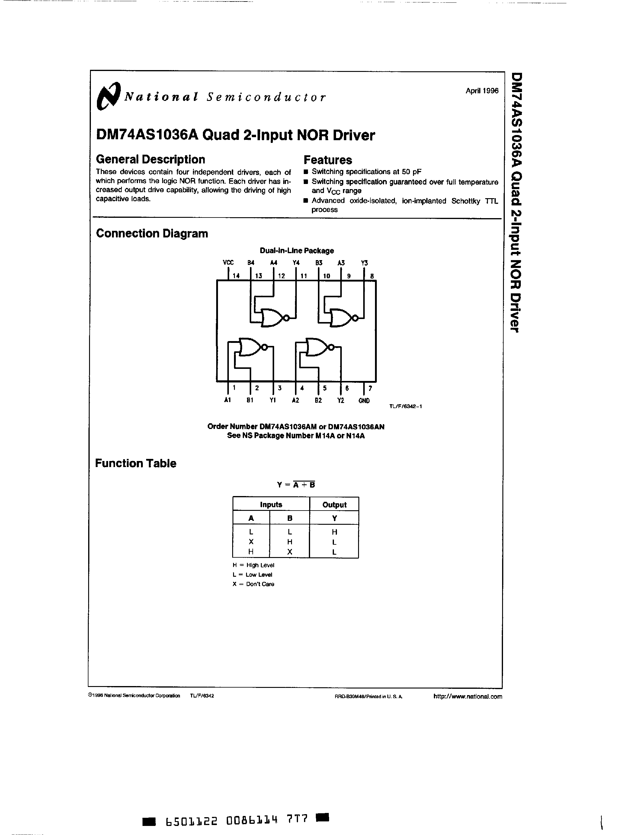 Datasheet DM74AS1036A - Quad 2 Input NOR Driver page 1
