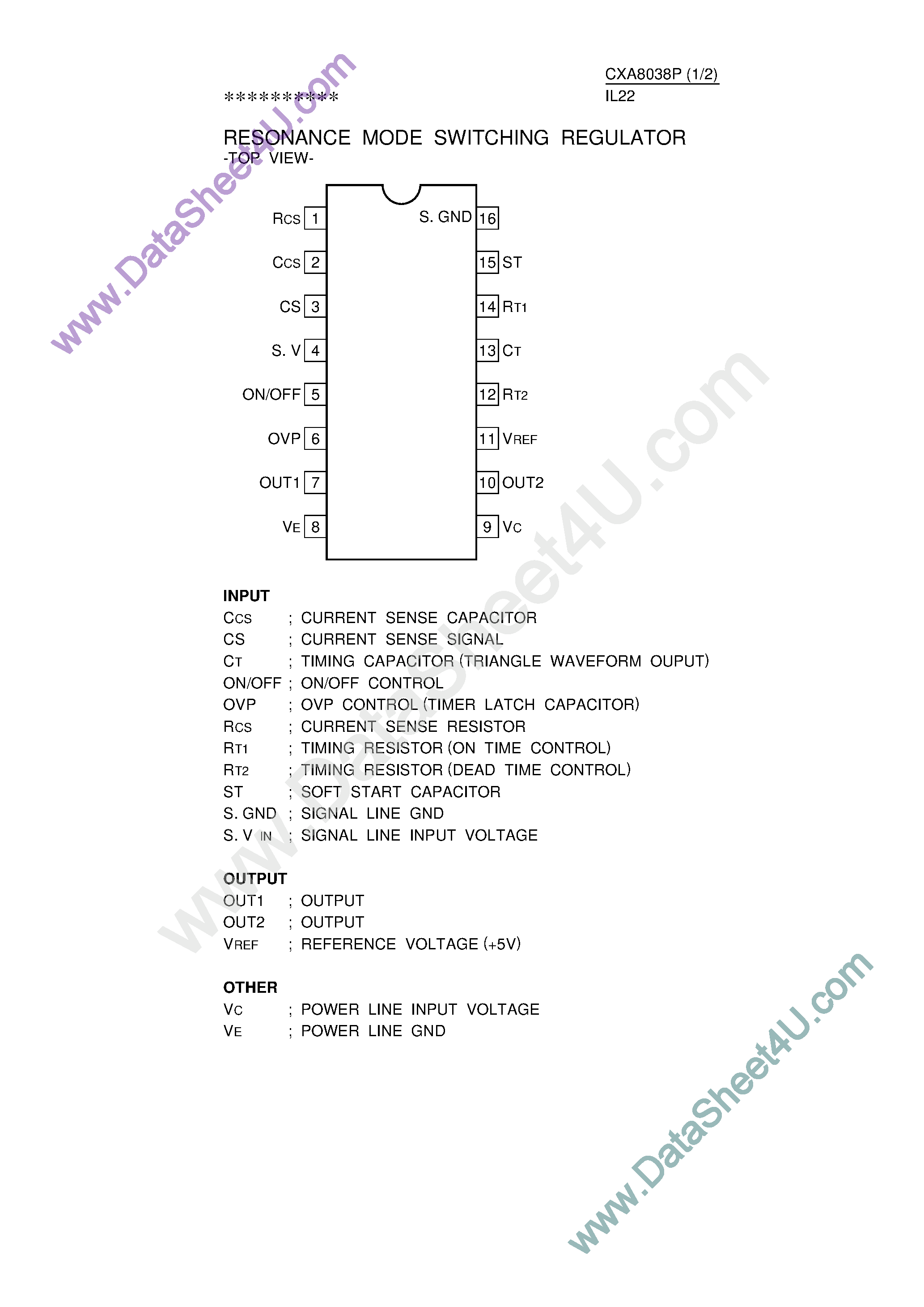 Даташит на микросхему CXA8038P страница 1 Даташит CXA8038P - Resonance Mode Switching Regulator страница 1