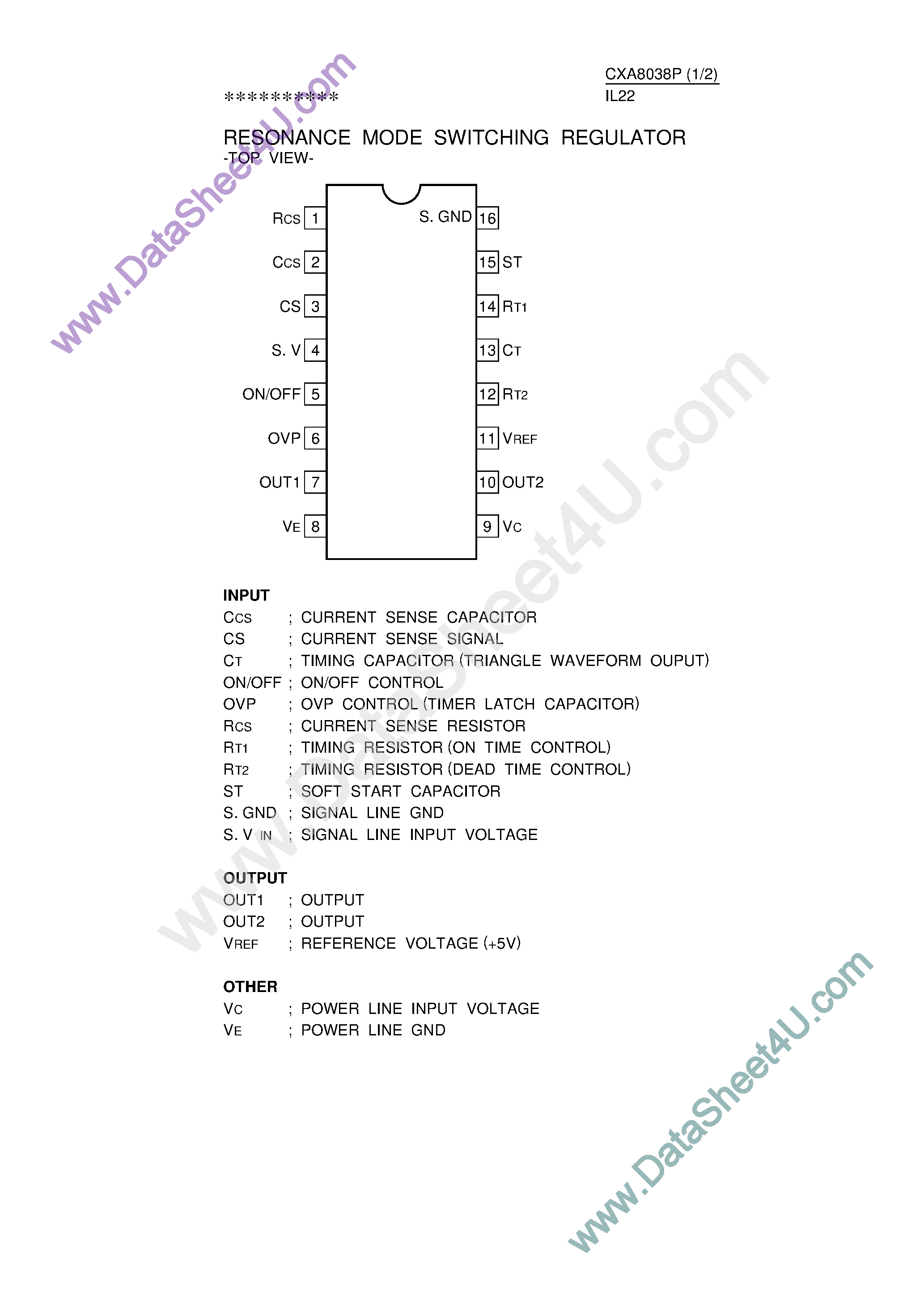 Datasheet CXA8038P - Resonance Mode Switching Regulator page 1
