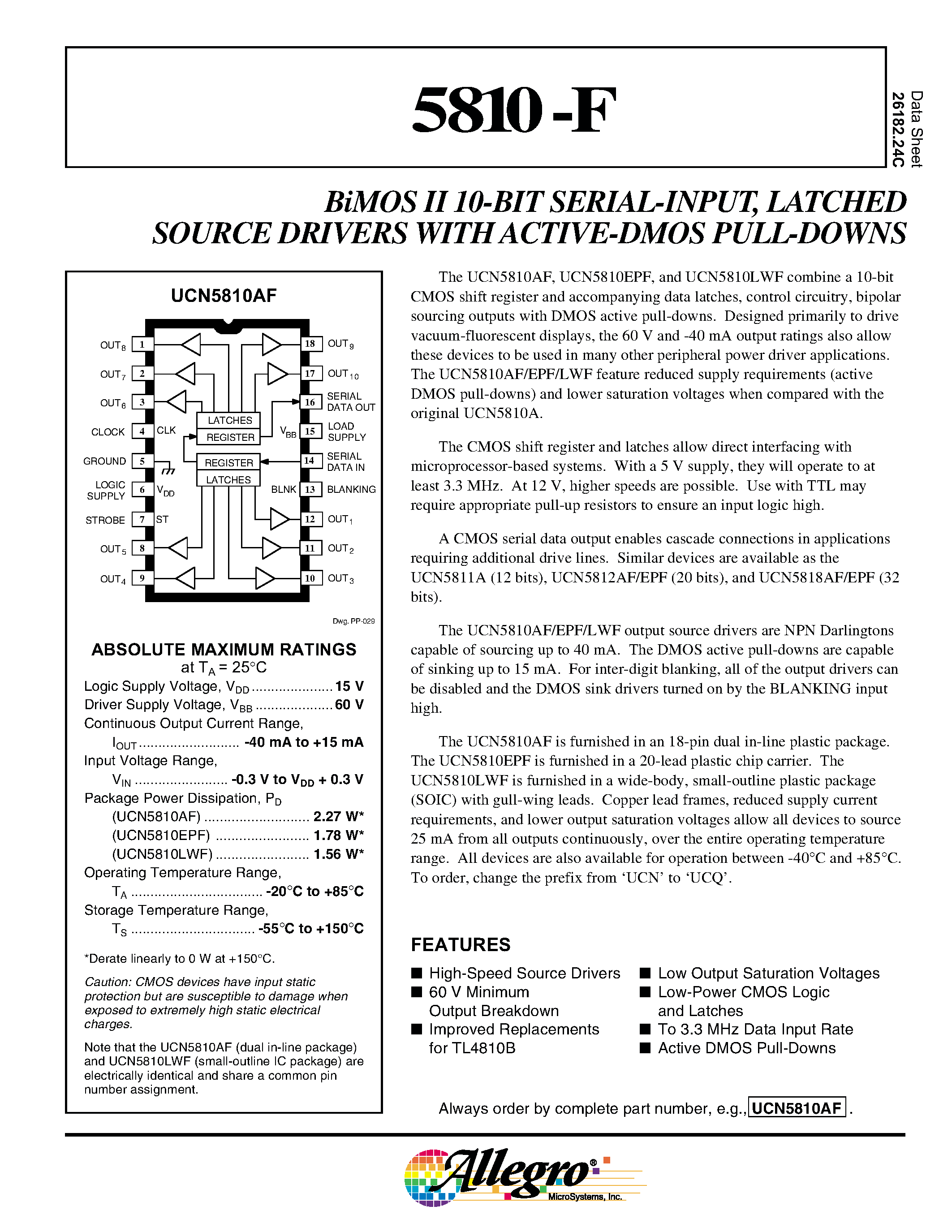 Datasheet UCQ5810AF - BiMOS II 10-BIT SERIAL-INPUT / LATCHED SOURCE DRIVERS WITH ACTIVE-DMOS PULL-DOWNS page 1