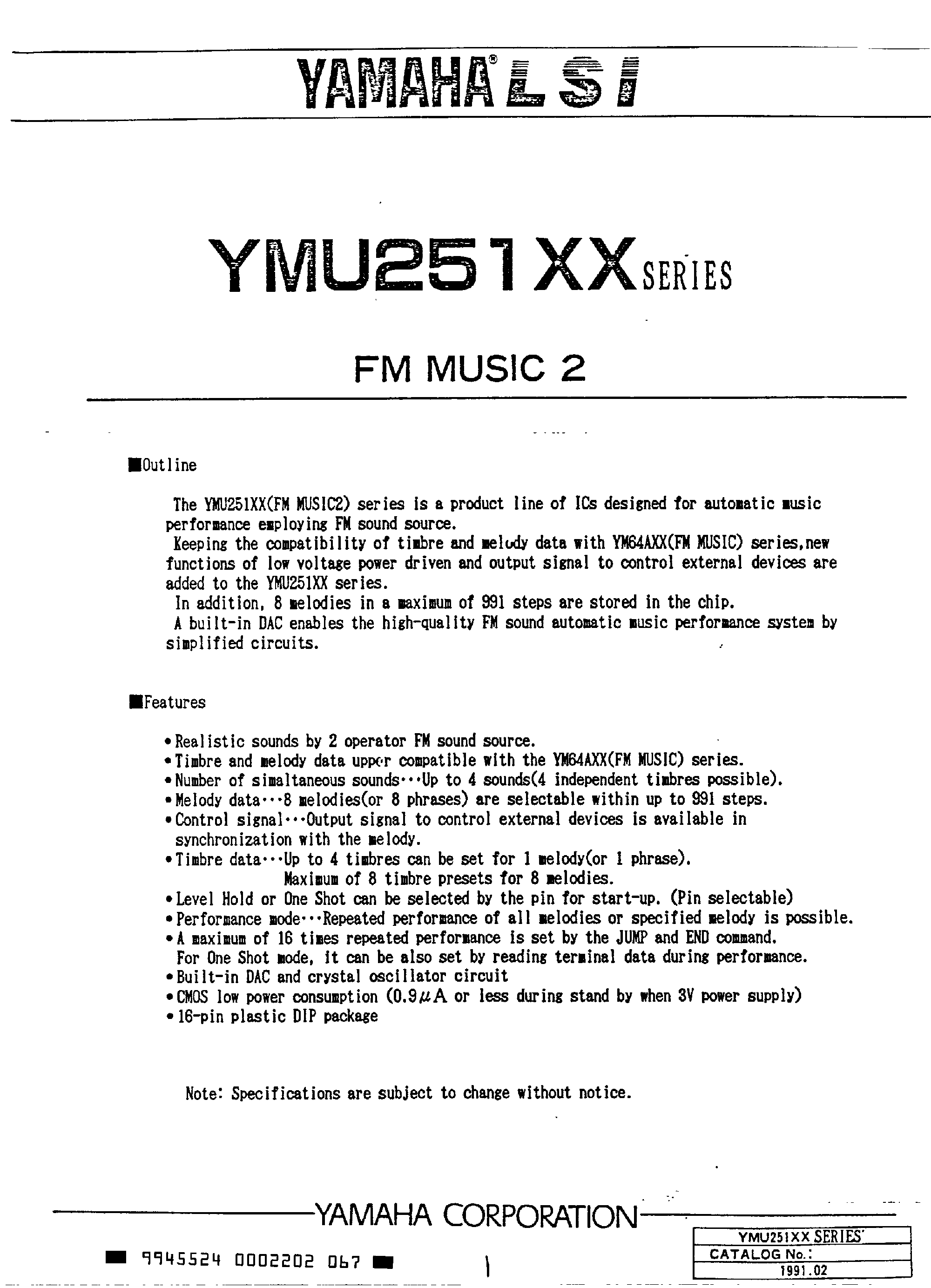 Datasheet YMU251XX page 1 Datasheet YMU251XX - (YMU251XX Series) FM Music 2 page 1
