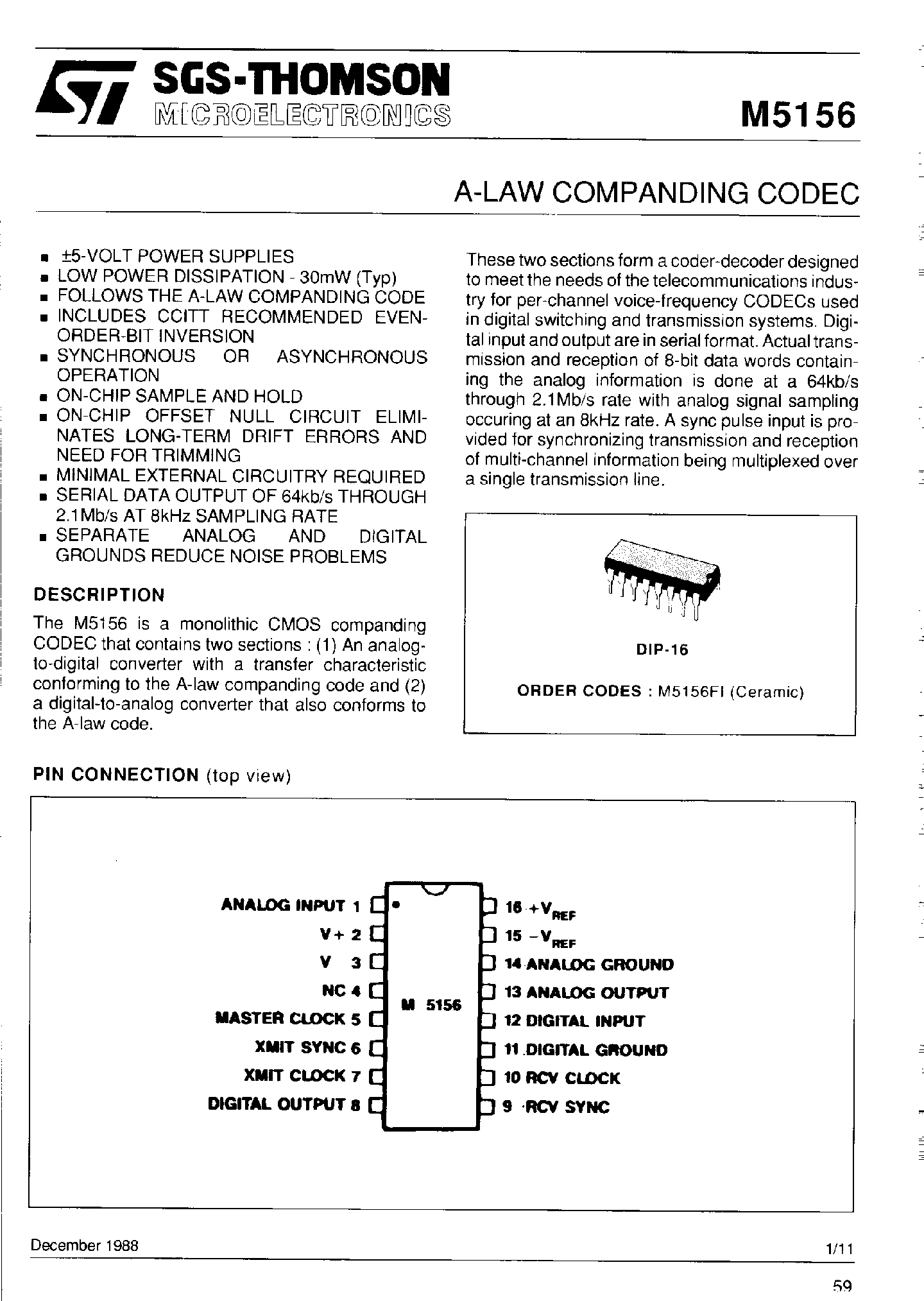 Datasheet M5156 - A-LAW Companding Codec page 1