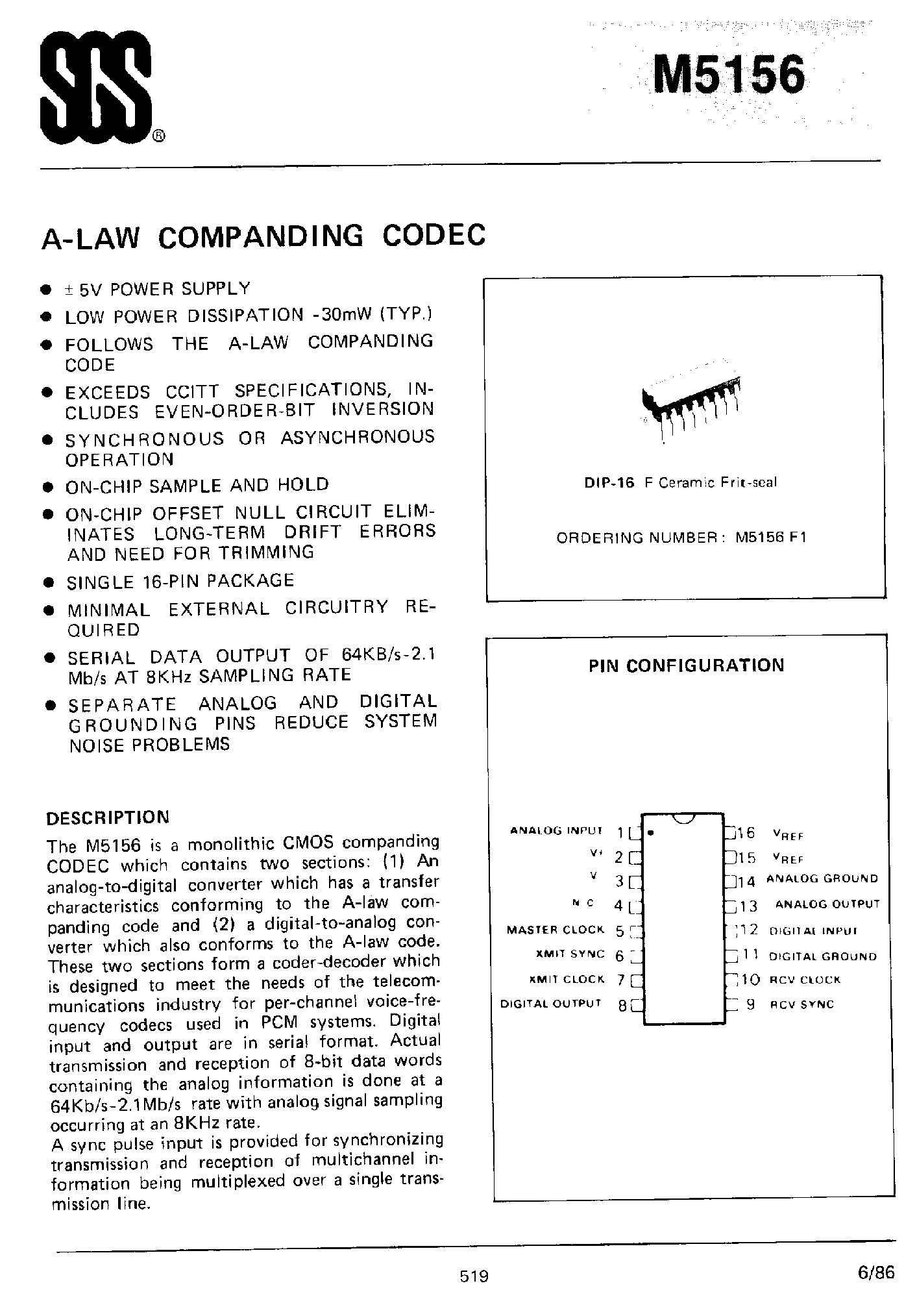 Datasheet M5156 - A-LAW Companding Codec page 1