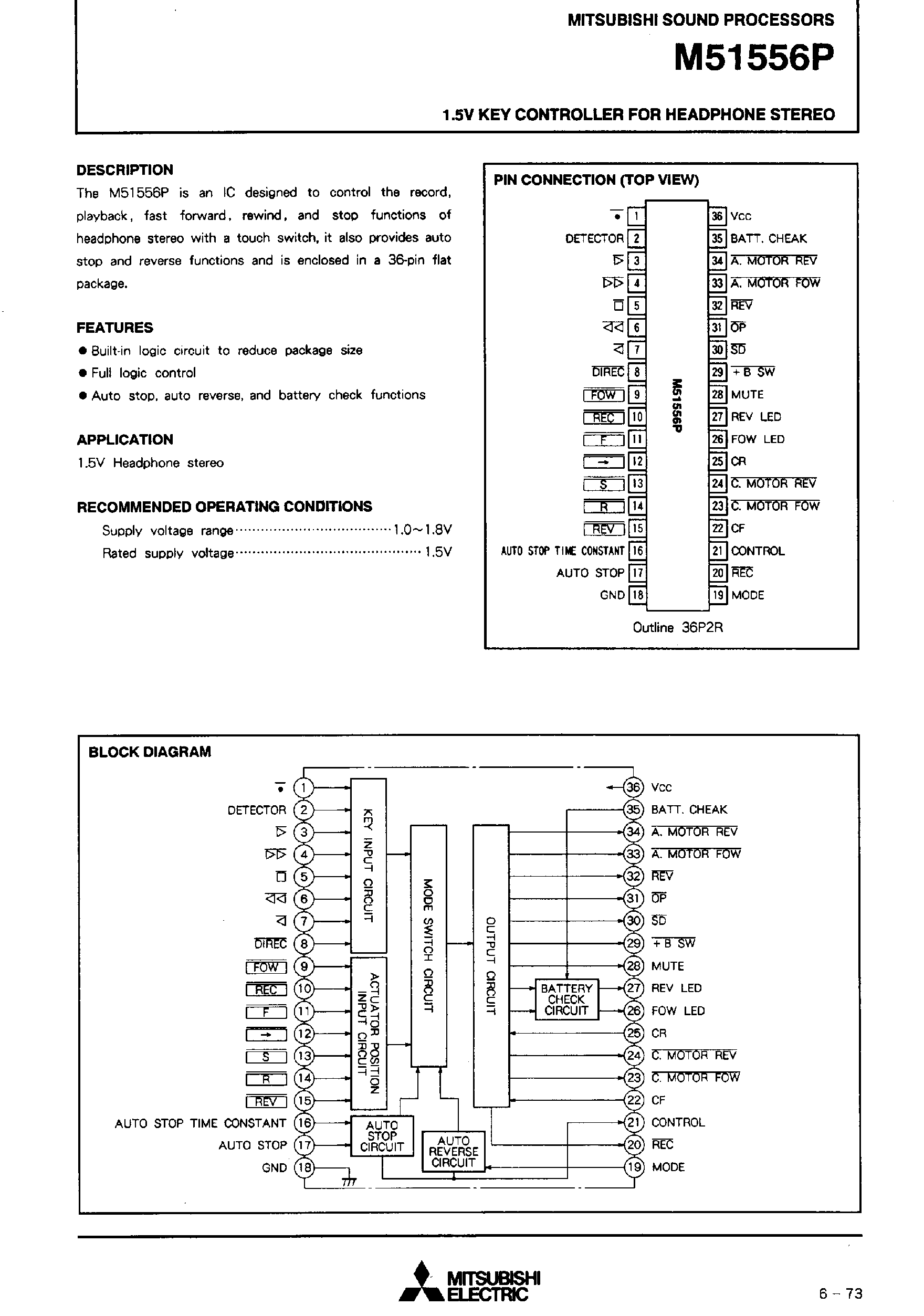 Даташит M51556P - 1.5V Key Controller for Headphone Stereo страница 1