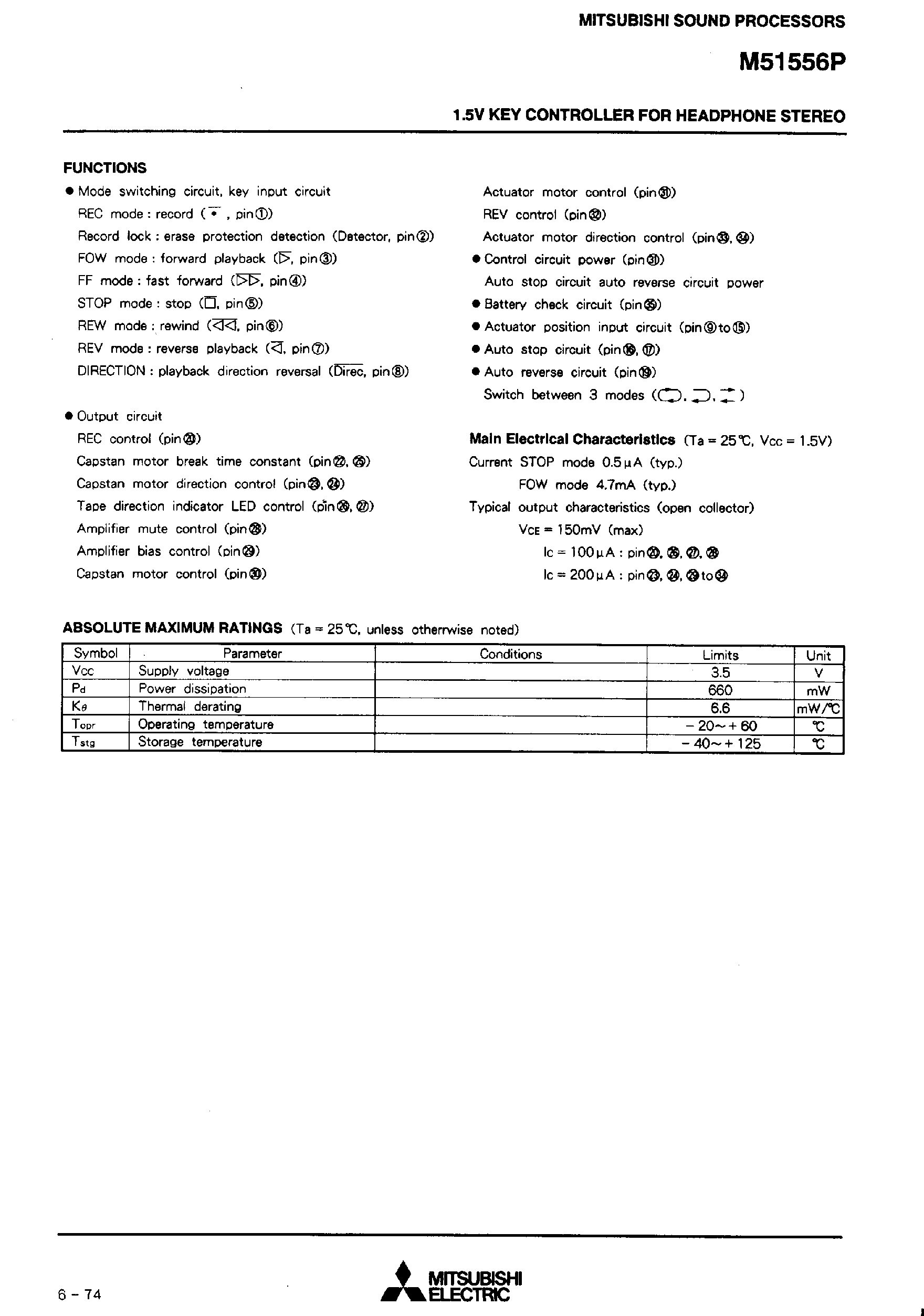 Даташит M51556P - 1.5V Key Controller for Headphone Stereo страница 2