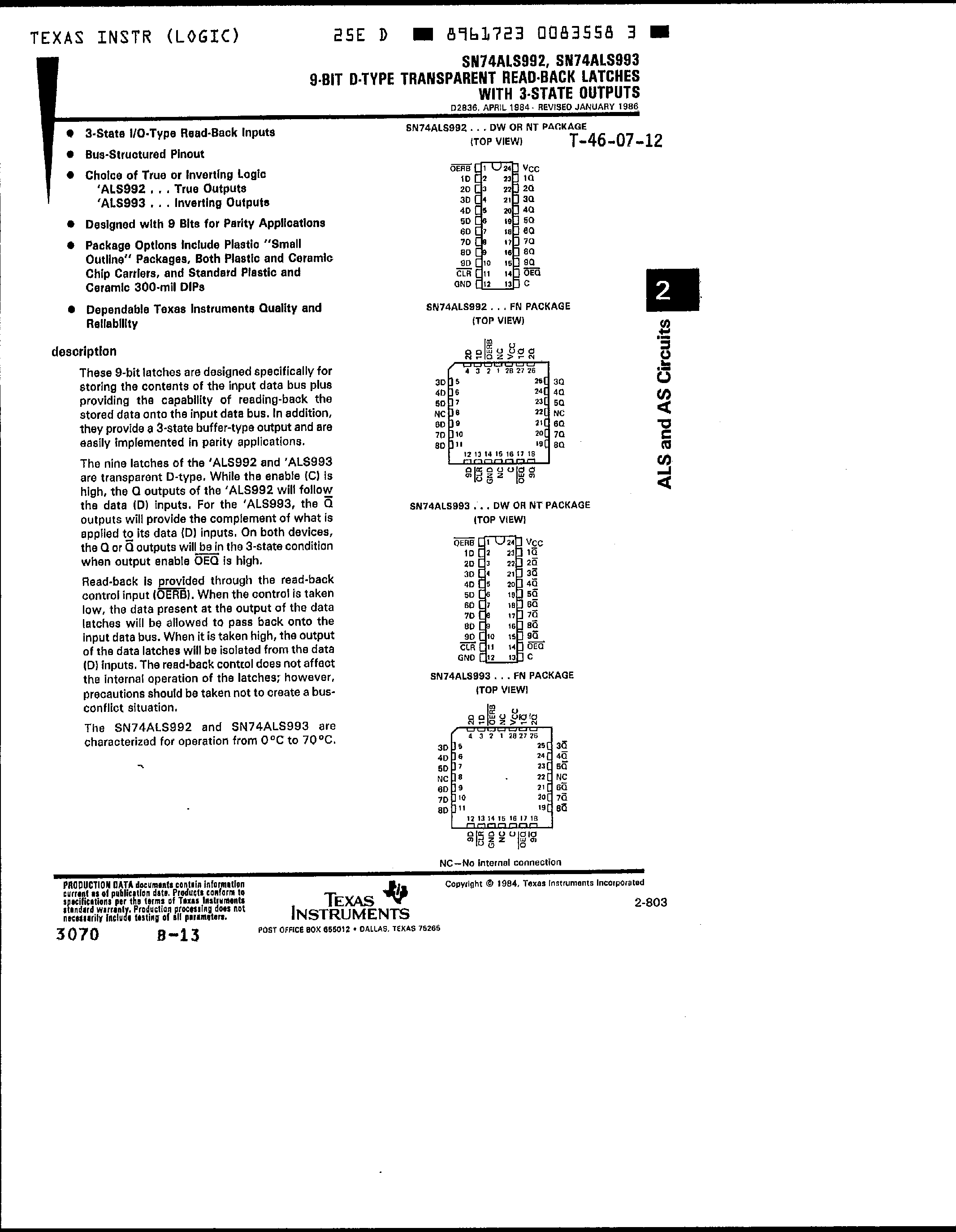 Datasheet SN74ALS993 page 1 Datasheet SN74ALS993 - (SN74ALS992) 9 Bit D-Type Transparent Read-Back Latches page 1