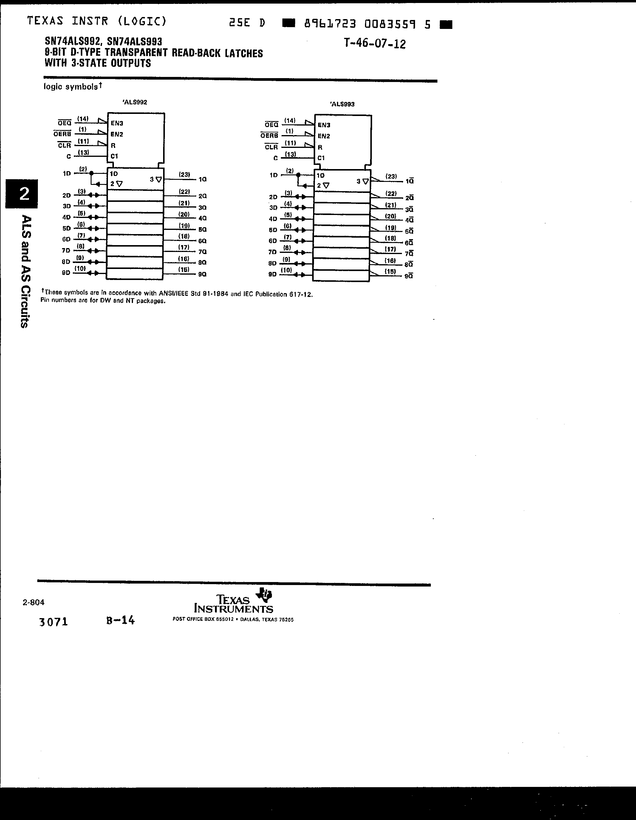 Datasheet SN74ALS993 page 2 Datasheet SN74ALS993 - (SN74ALS992) 9 Bit D-Type Transparent Read-Back Latches page 2