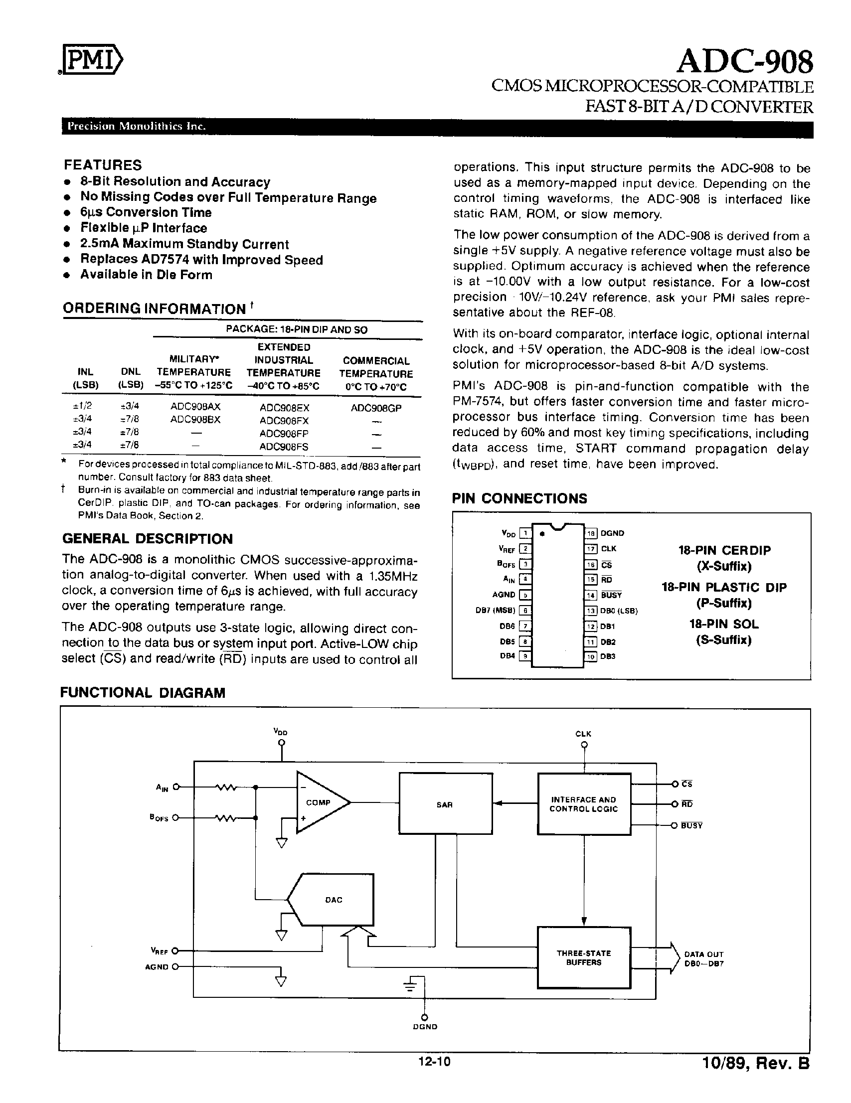 Datasheet ADC908 - CMOS Microprocessor Compatible Fast 8 Bit A/D Converter page 1