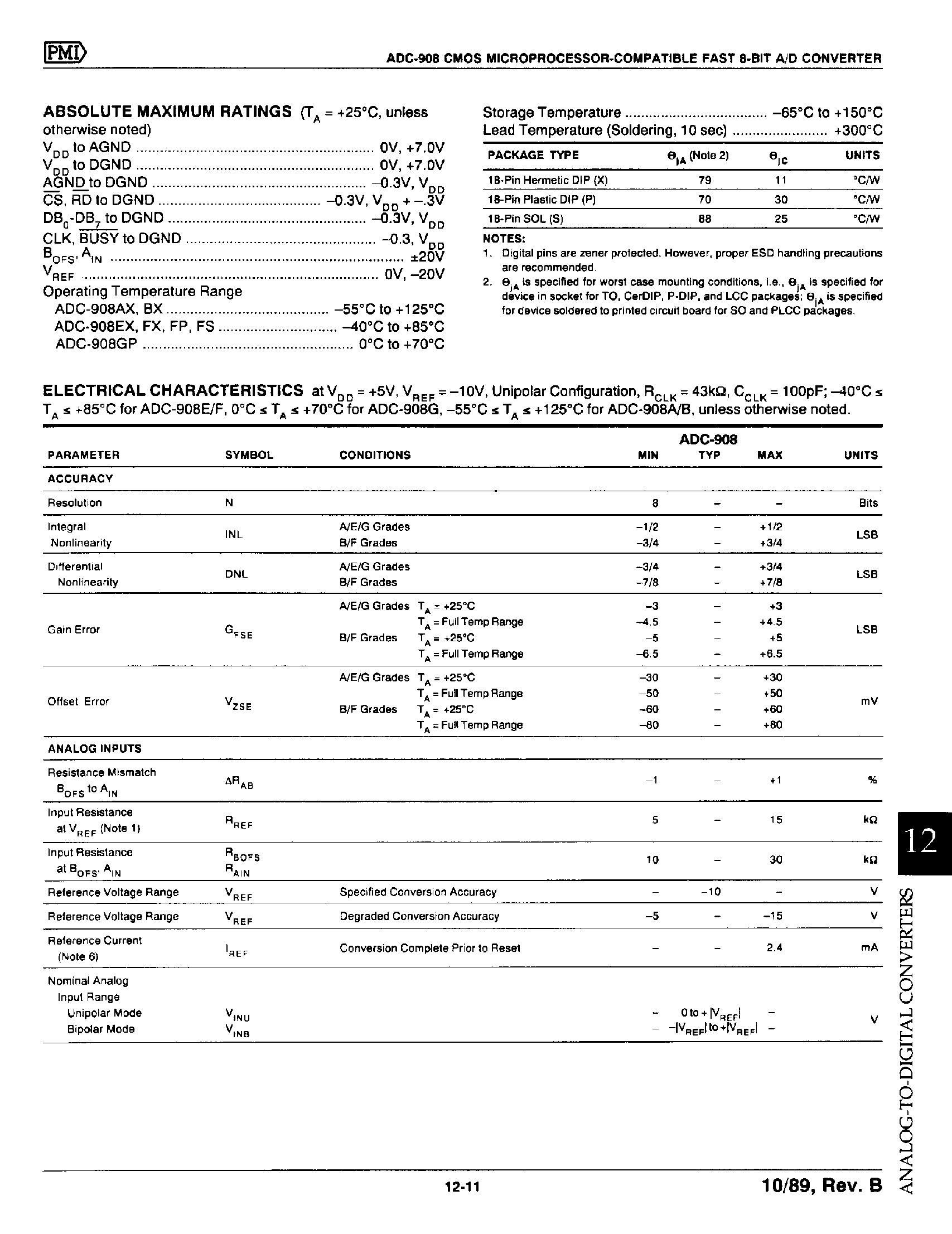 Datasheet ADC908 - CMOS Microprocessor Compatible Fast 8 Bit A/D Converter page 2