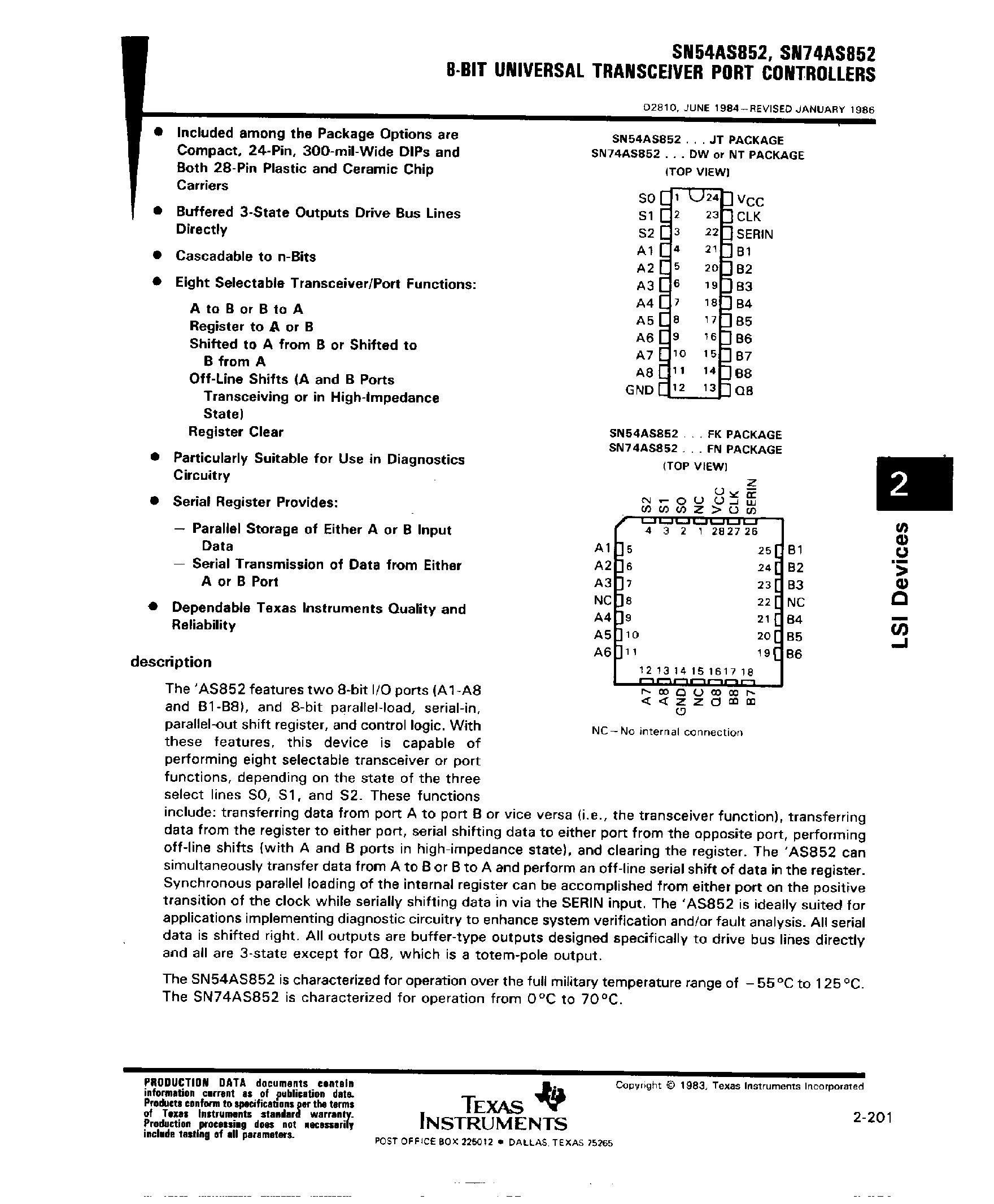 Datasheet SN74AS852 page 1 Datasheet SN74AS852 - 8 Bit Universal Transceiver Port Controllers page 1