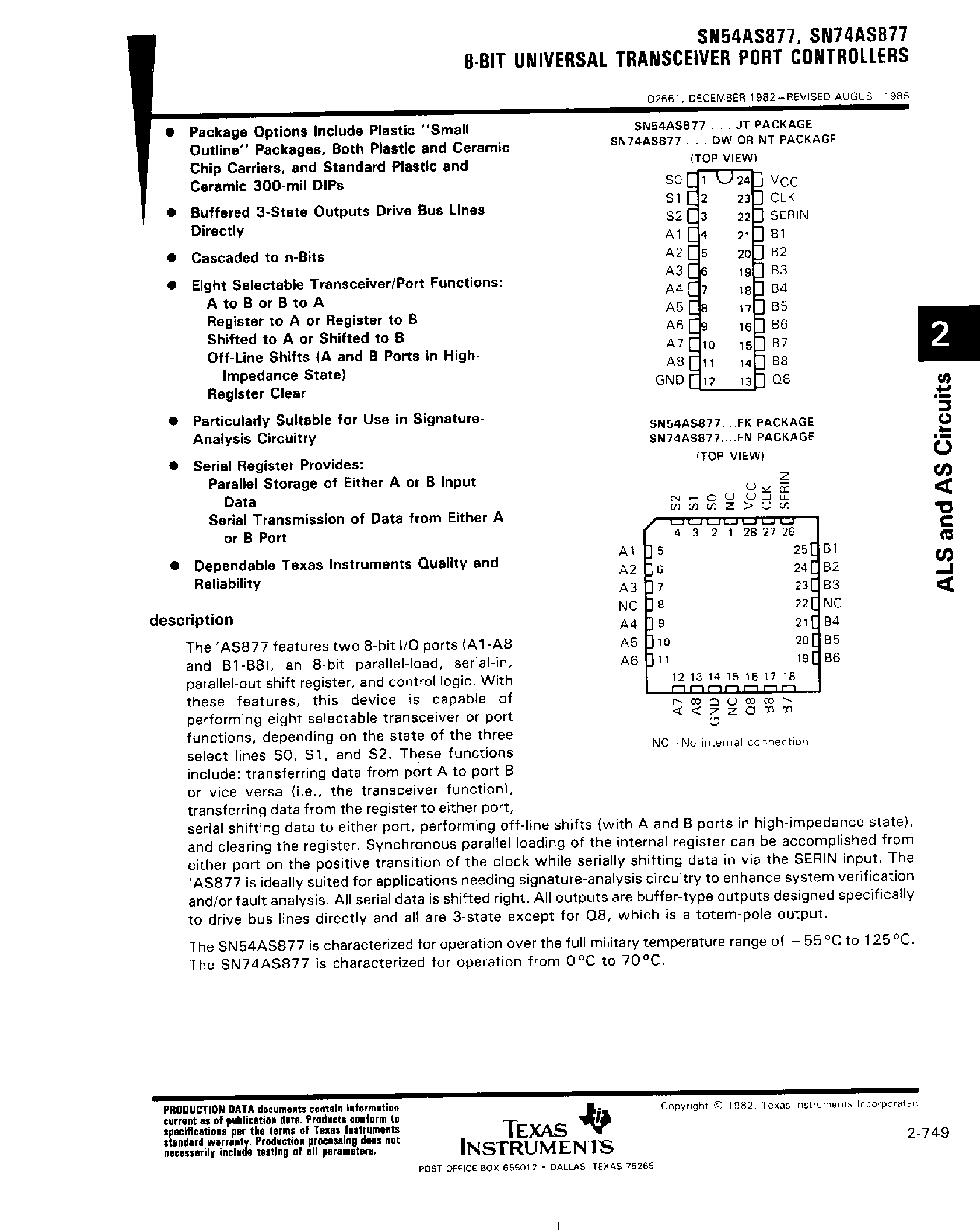 Даташит на микросхему SN54AS877 страница 1 Даташит SN54AS877 - 8 Bit Universal Transceiver Port Controllers страница 1