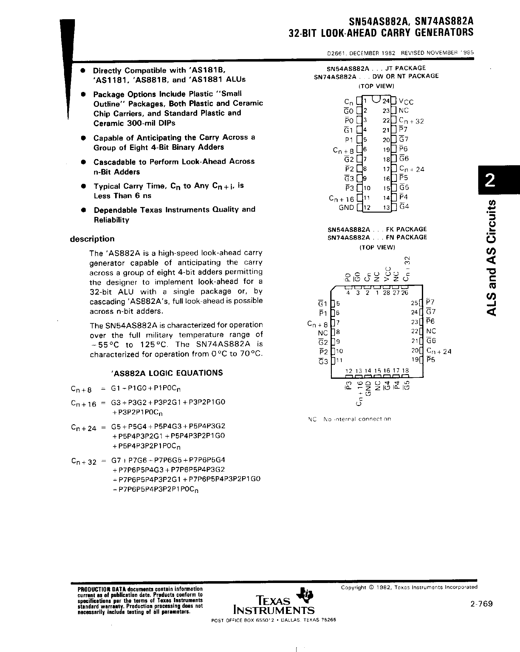 Datasheet SN74AS882A page 1 Datasheet SN74AS882A - 32 Bit Look-Ahead Carry Generatiors page 1