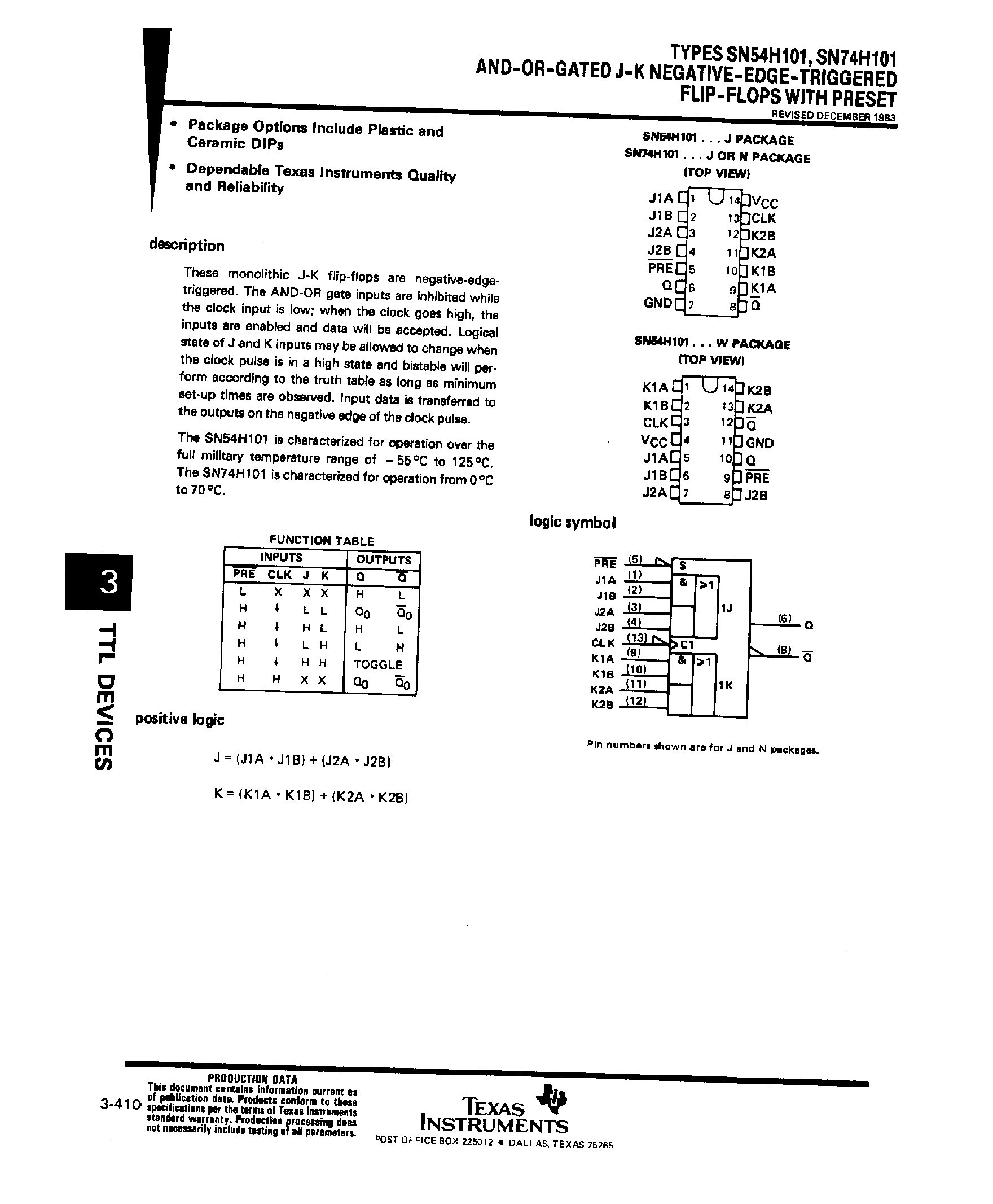 Datasheet SN74H101 - AND-OR Gated J-K Negative EDGE Triggered F-F with Preset page 1