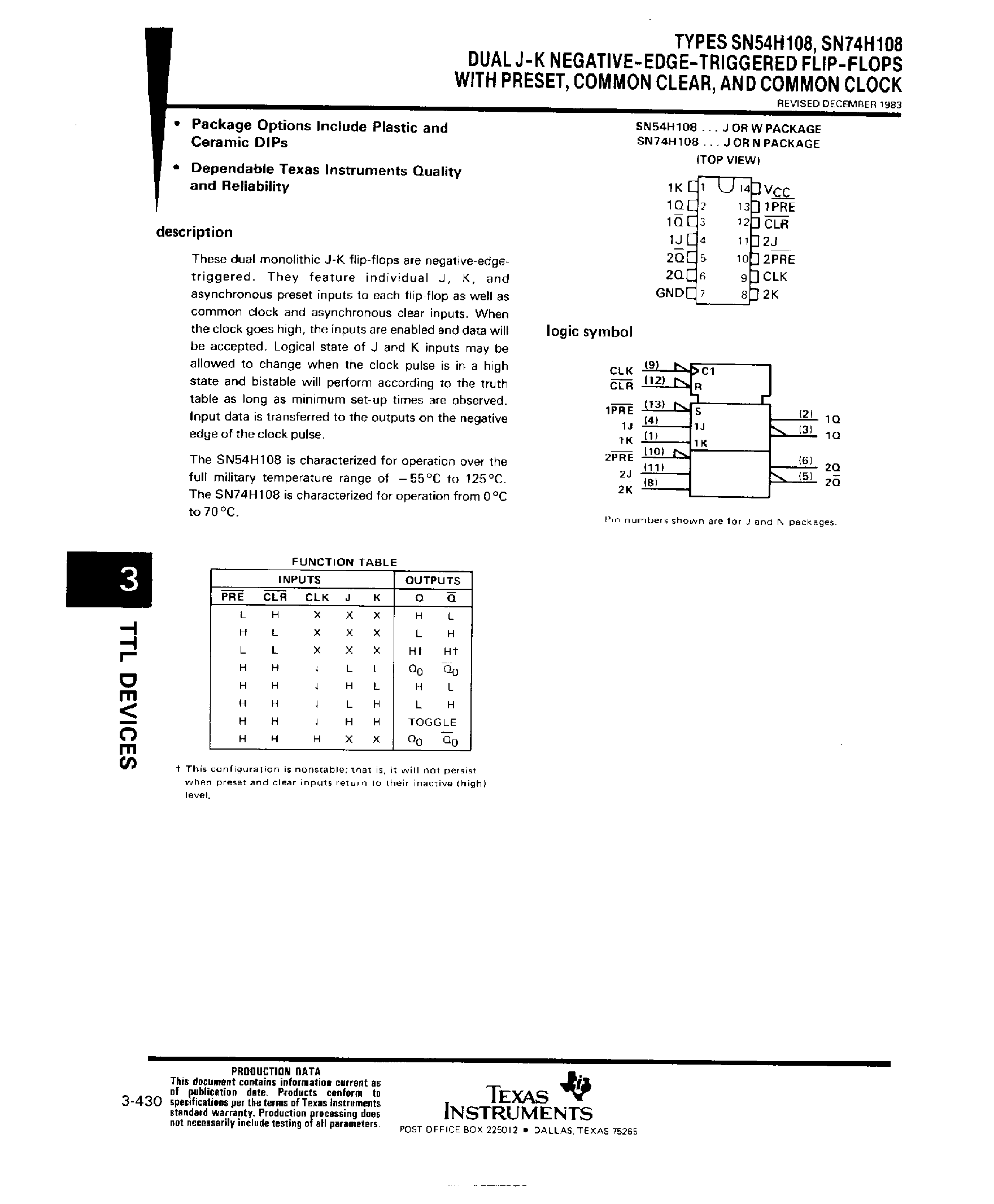 Datasheet SN74H108 - Dual J-K Negative EDGE Triggered F-F with Preset page 1