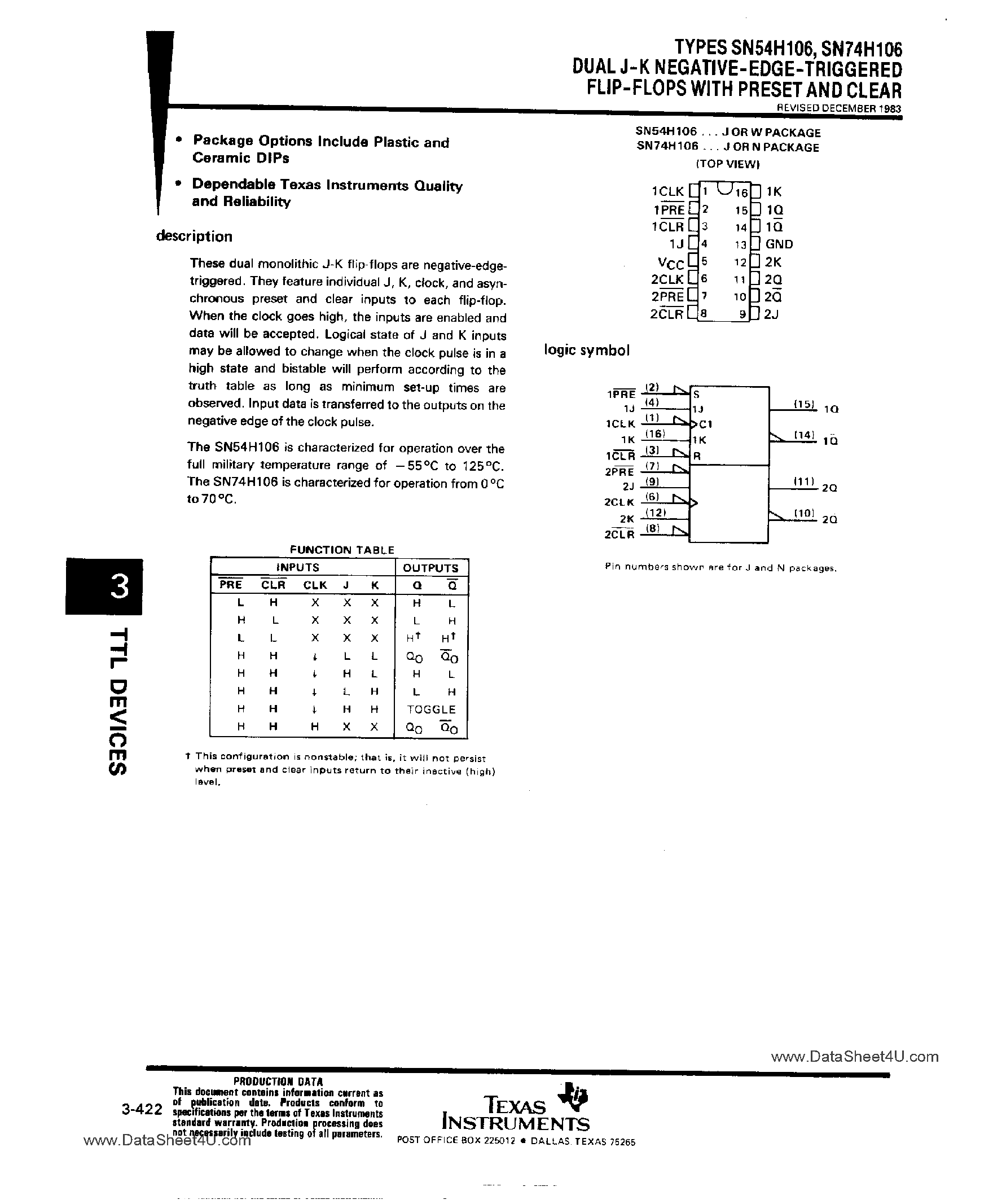Datasheet SN74H106 page 1 Datasheet SN74H106 - Dual J-K Negative EDGE Triggered F-F with Preset and Clear page 1