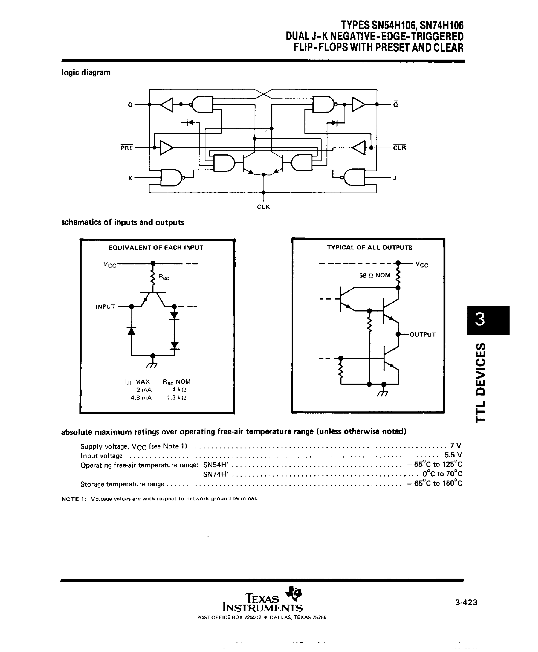 Datasheet SN74H106 - Dual J-K Negative EDGE Triggered F-F with Preset and Clear page 2