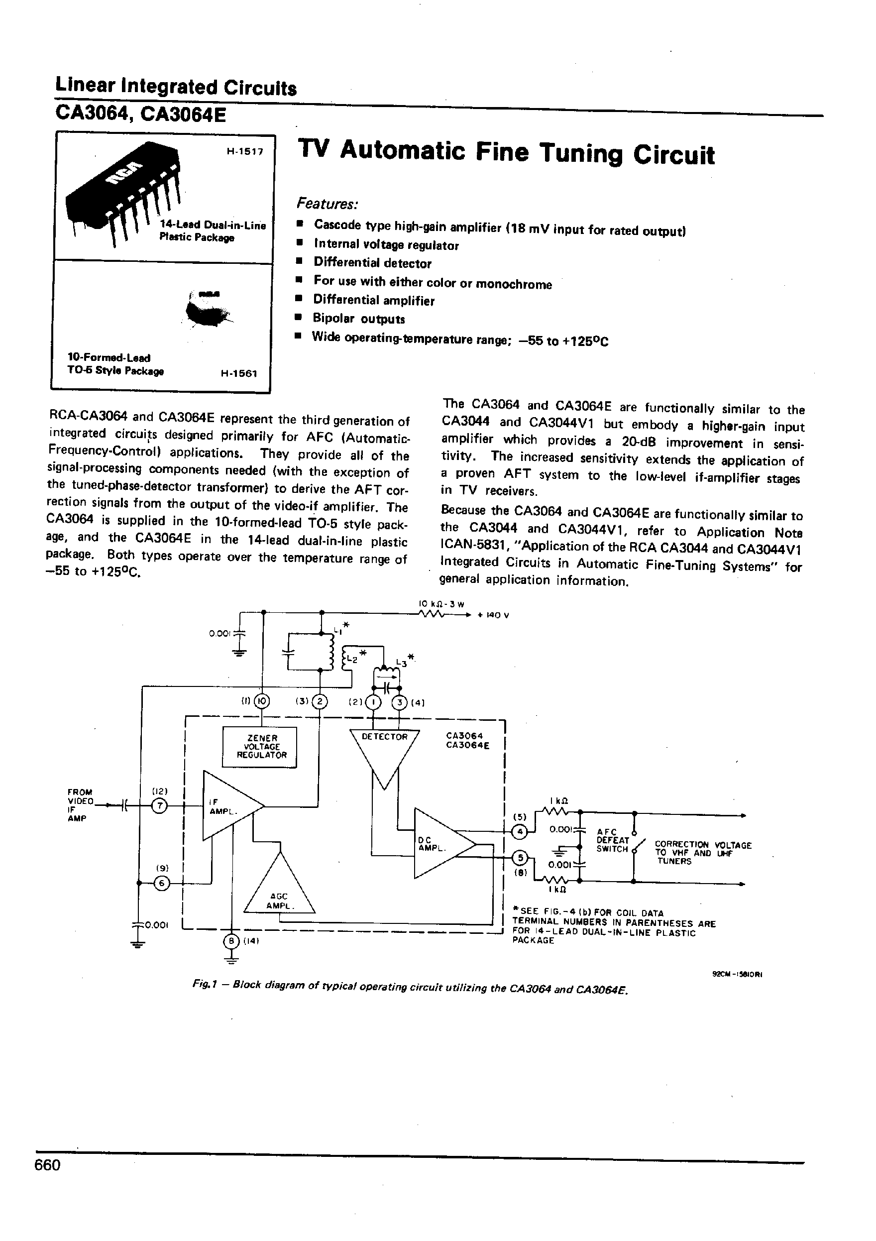 Datasheet CA3064 - TV Automatic Fine Tuning Circuit page 1