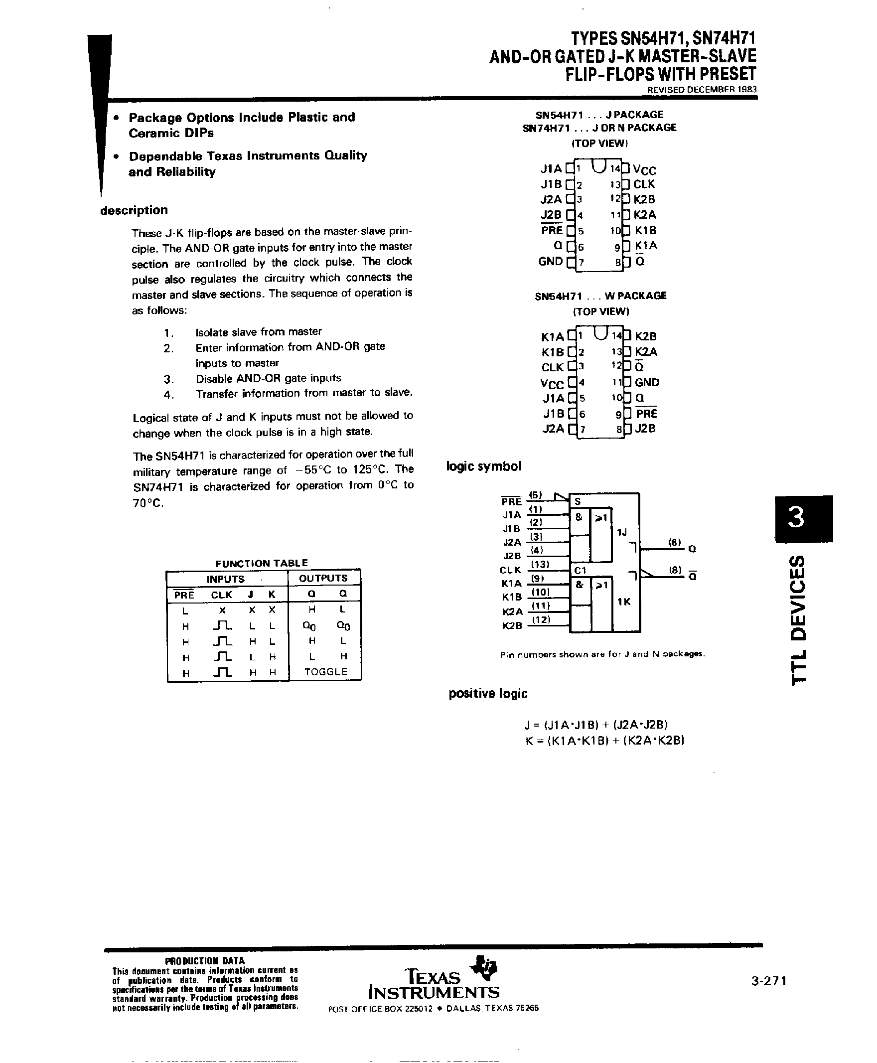Datasheet SN54H71 - AND-OR Gated J-K Master-Slave F-F page 1