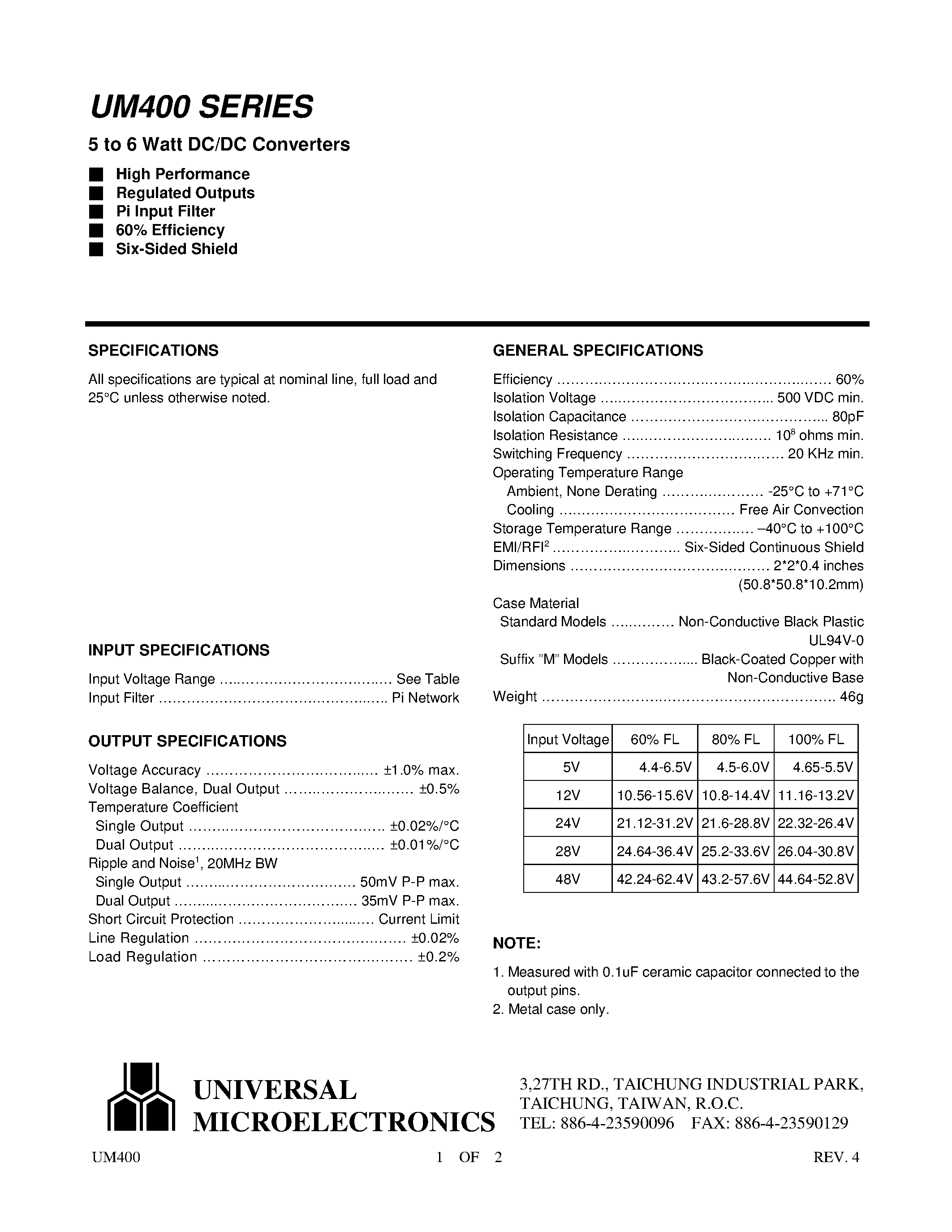 Даташит на микросхему UM418 страница 1 Даташит UM418 - (UM400 Series) 5 to 6 Watt DC/DC Converters страница 1