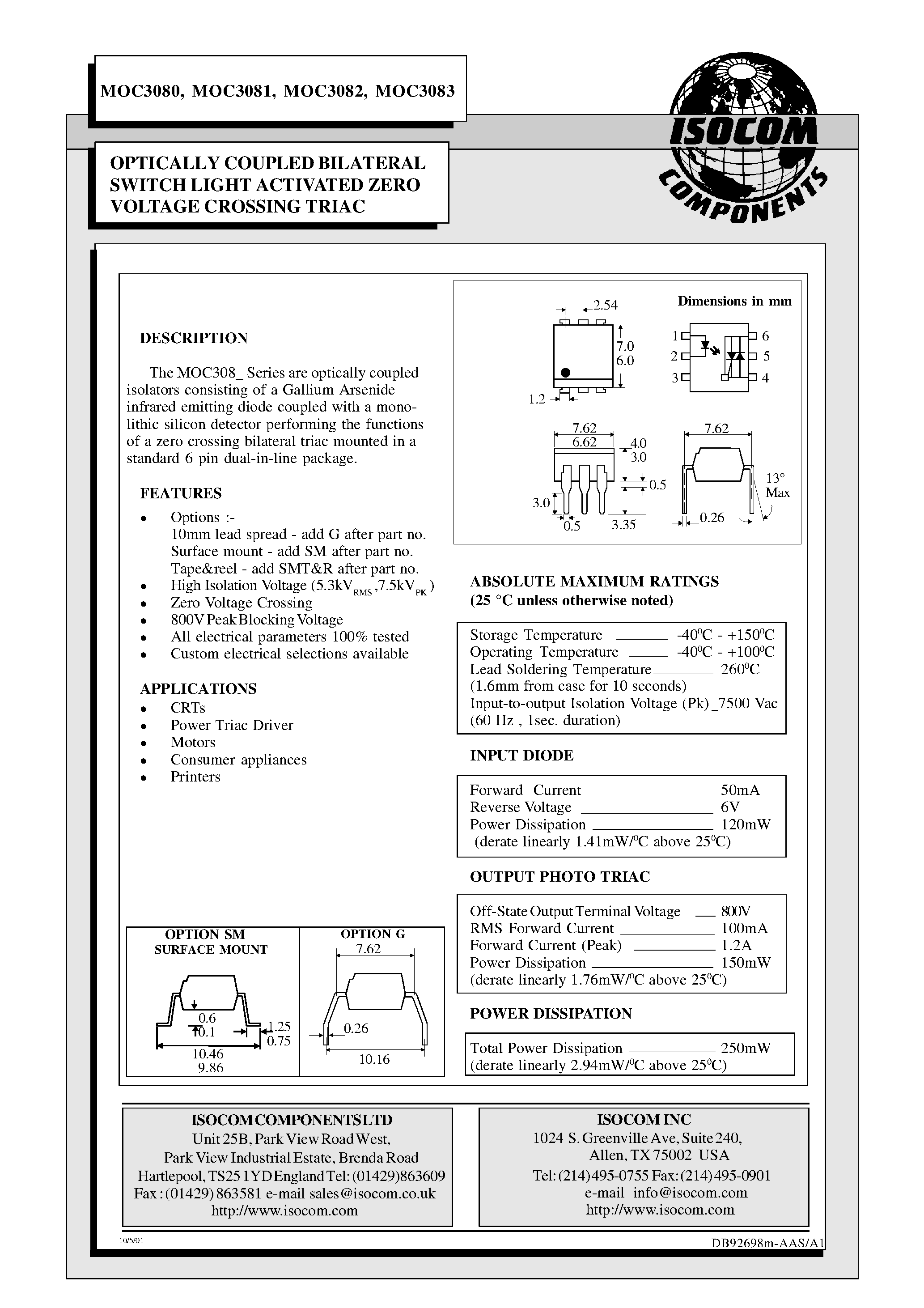 Даташит на микросхему MOC3080 страница 1 Даташит MOC3080 - OPTICALLY COUPLED BILATERAL SWITCH LIGHT ACTIVATED ZERO VOLTAGE CROSSING TRIAC страница 1