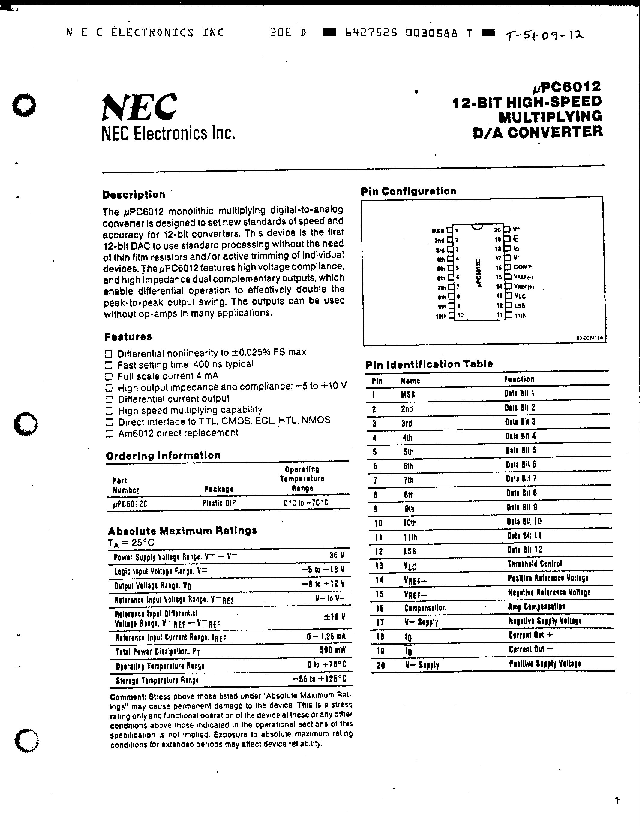 Даташит UPC6012 - 12 Bit High Speed Multiplying D/A Converter страница 1