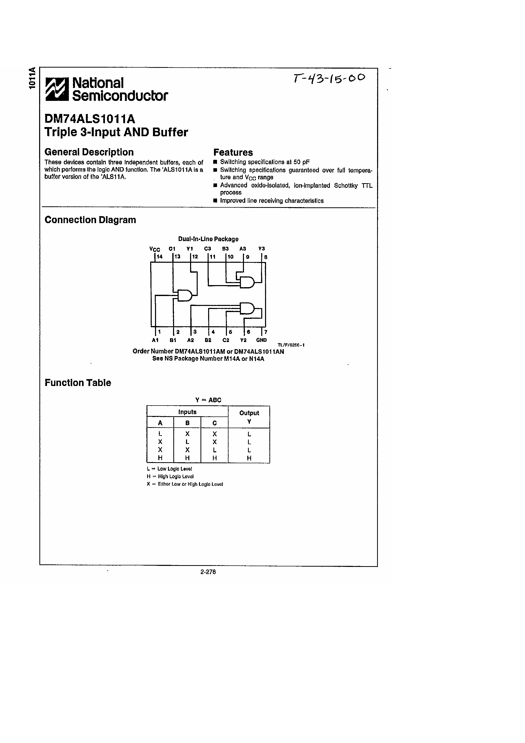 Datasheet DM74ALS1011A page 1 Datasheet DM74ALS1011A - Triple 3 Input AND Buffer page 1