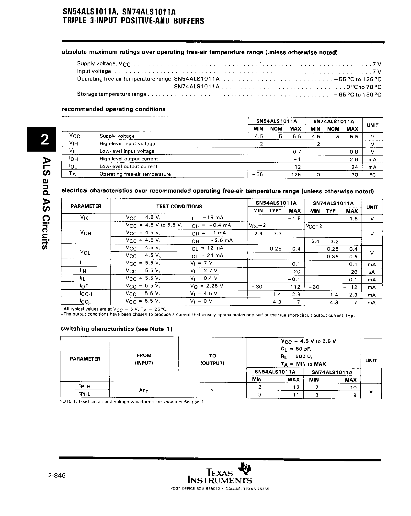 Datasheet SN74ALS1011A - Triple 3 Input Positive AND Buffers page 2