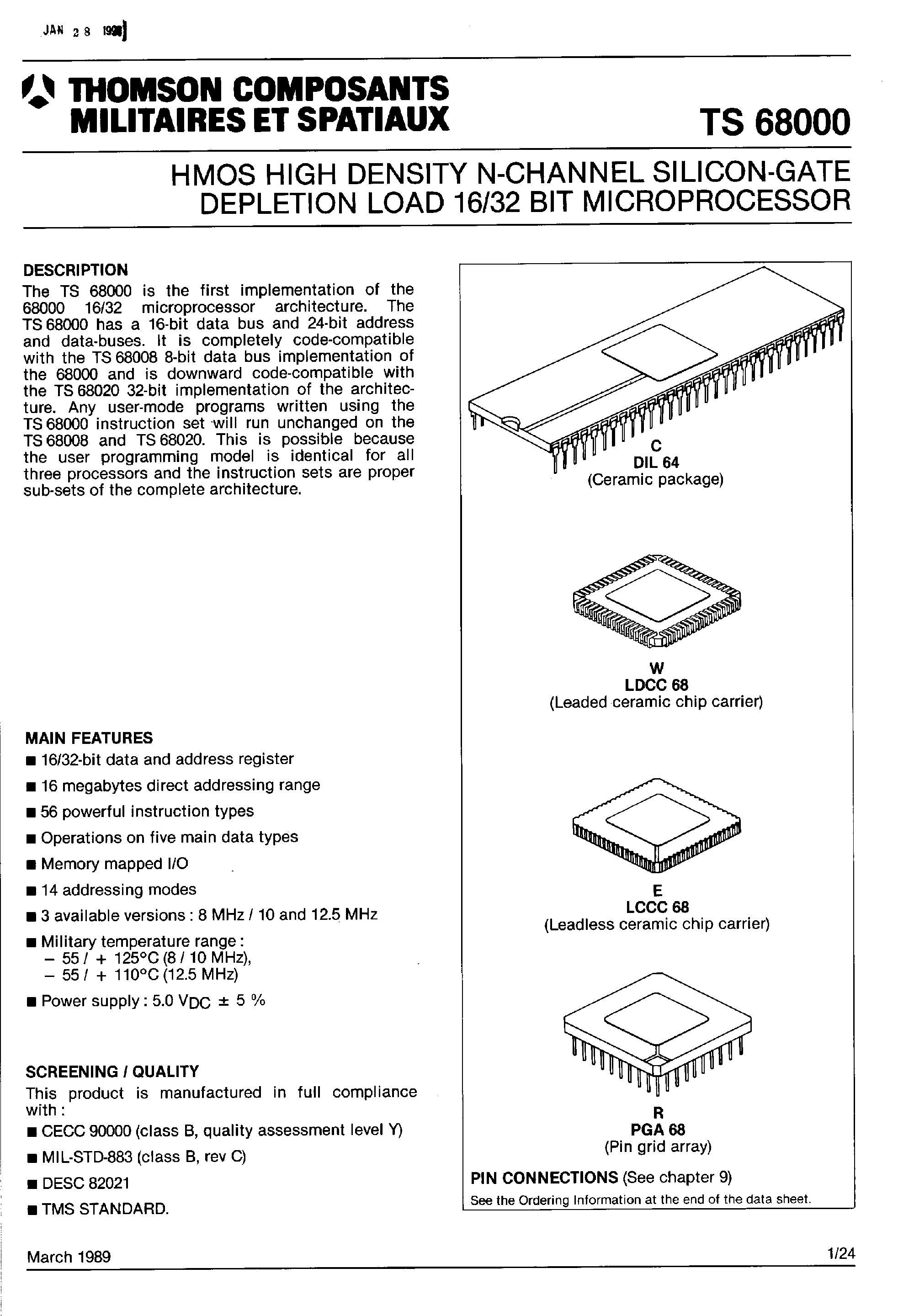 Даташит TS68000 - HMOS High Density N-Channel Silicon Gate Depletion Load 16/32 Bit Microprocessor страница 1