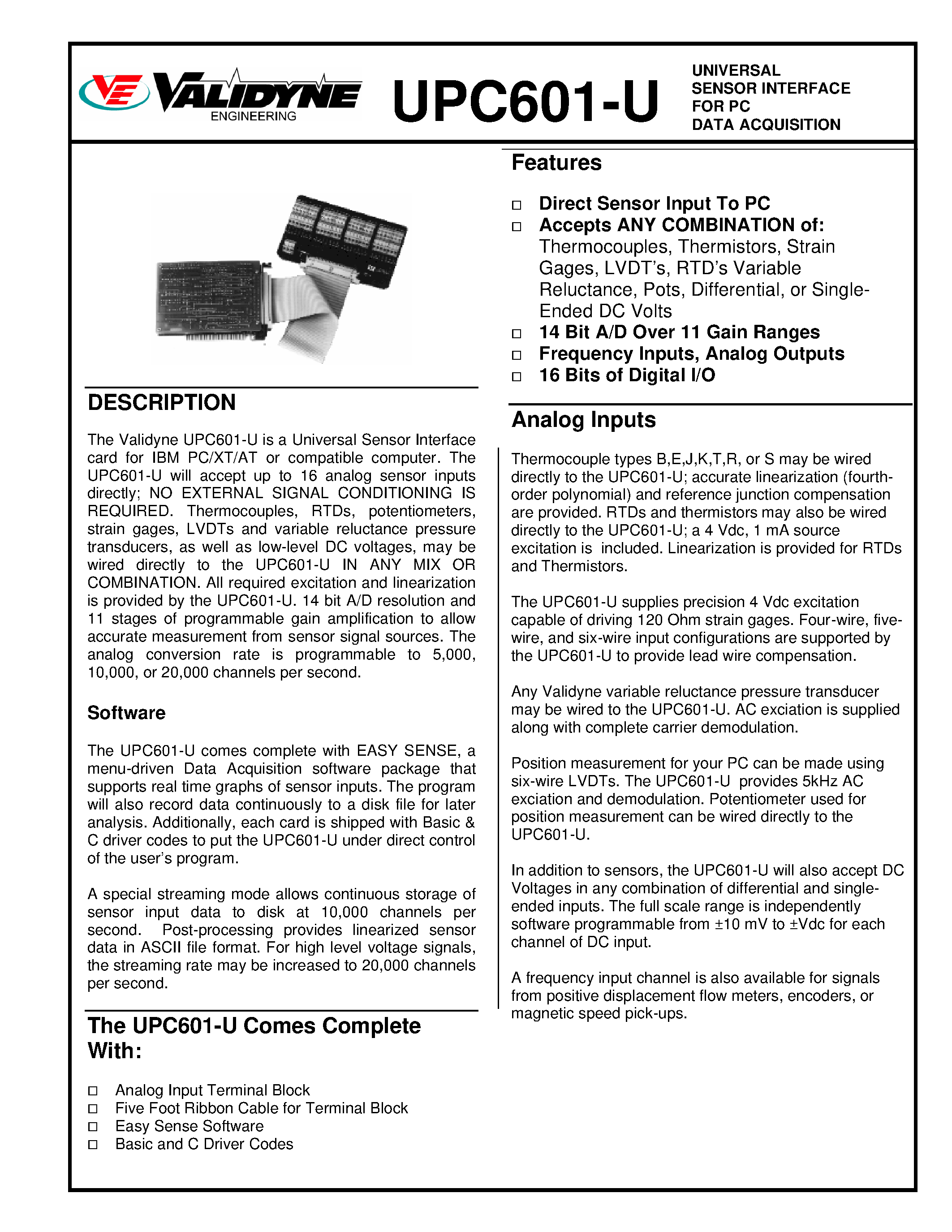 Datasheet UPC601-U - Universal Sensor Interface for PC Data Acquisition page 1