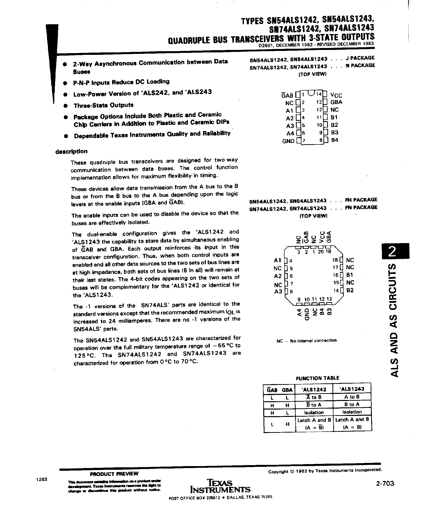 Datasheet SN74ALS1243 page 1 Datasheet SN74ALS1243 - Quadruple Bus Transceivers with 3 State Outputs page 1
