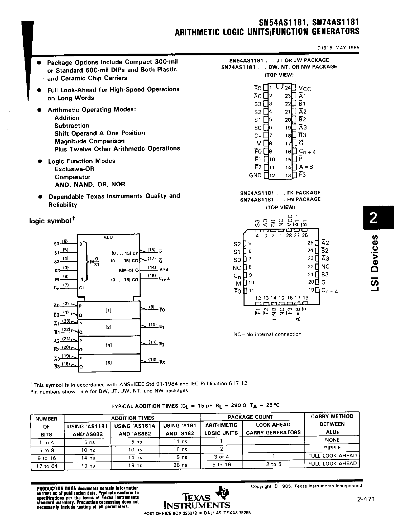 Datasheet SN74AS1181 page 1 Datasheet SN74AS1181 - Arithmetic Logic Units/Function Generators page 1