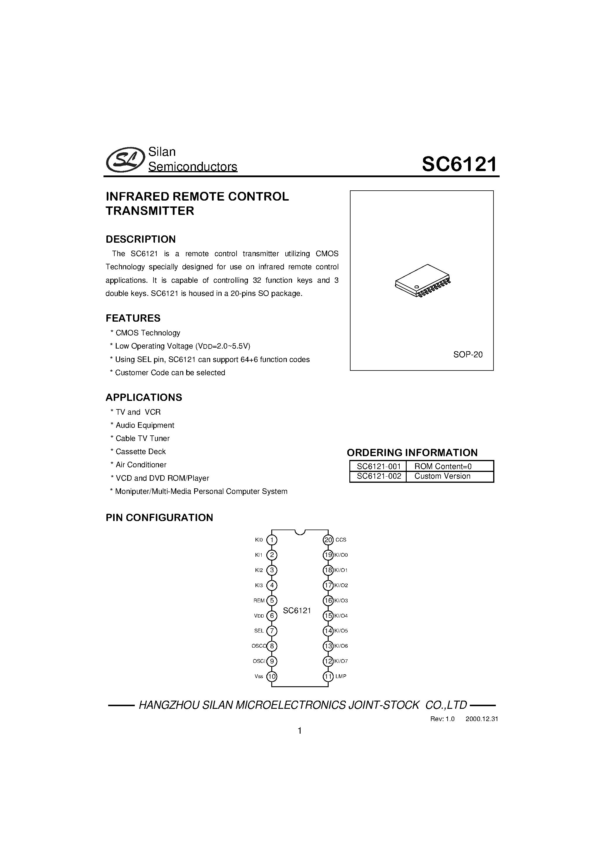 Datasheet SC6121 - 2.0-5.5V Infrared Remote Control Transmitter page 1