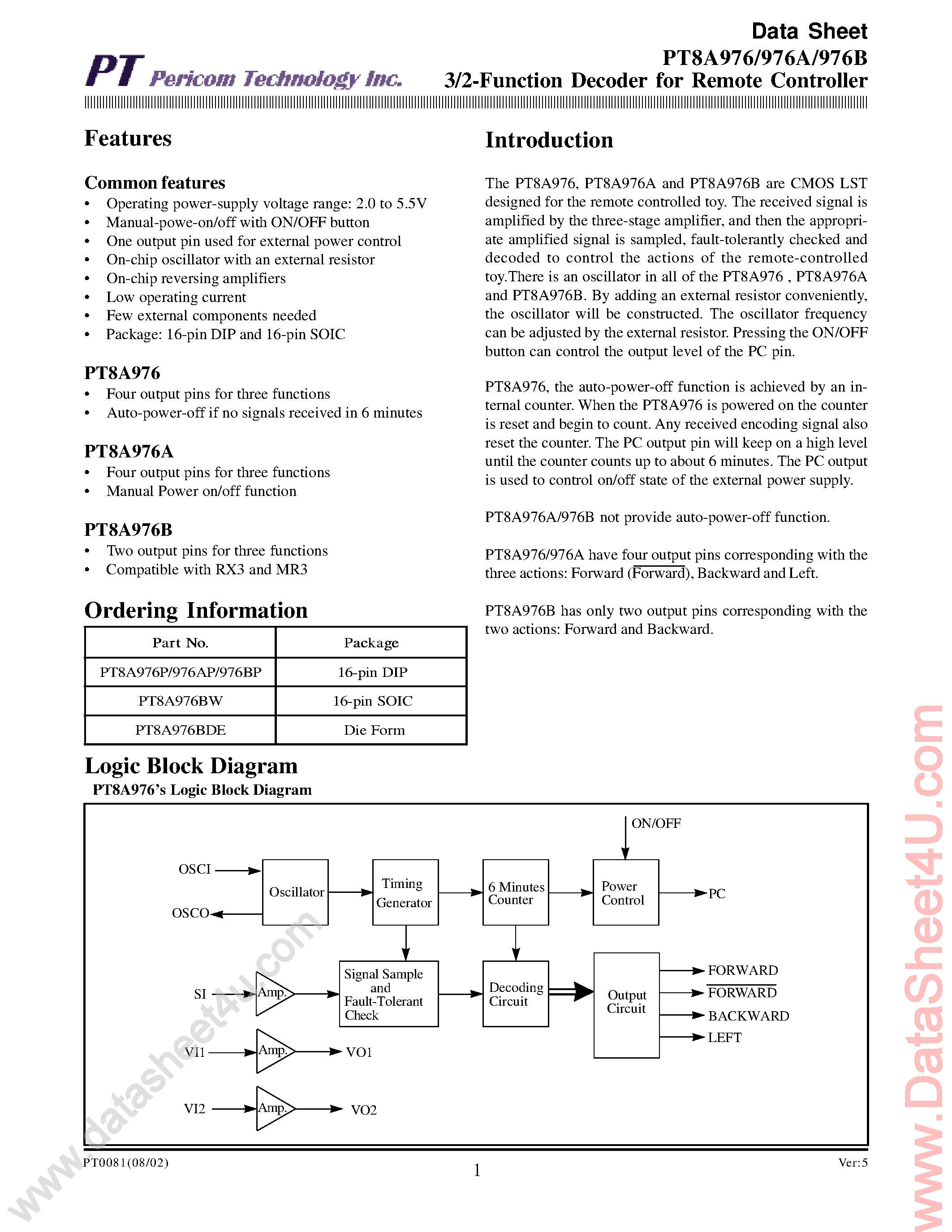 Datasheet PT8A976 - 3/2 Function Decoder for Remote Controller page 1